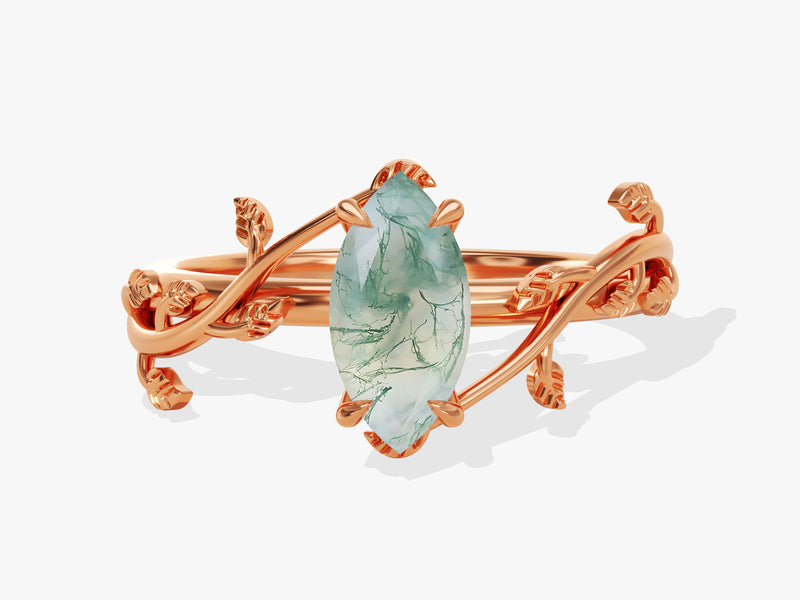 Marquise Moss Agate Nature Inspired Engagement Ring