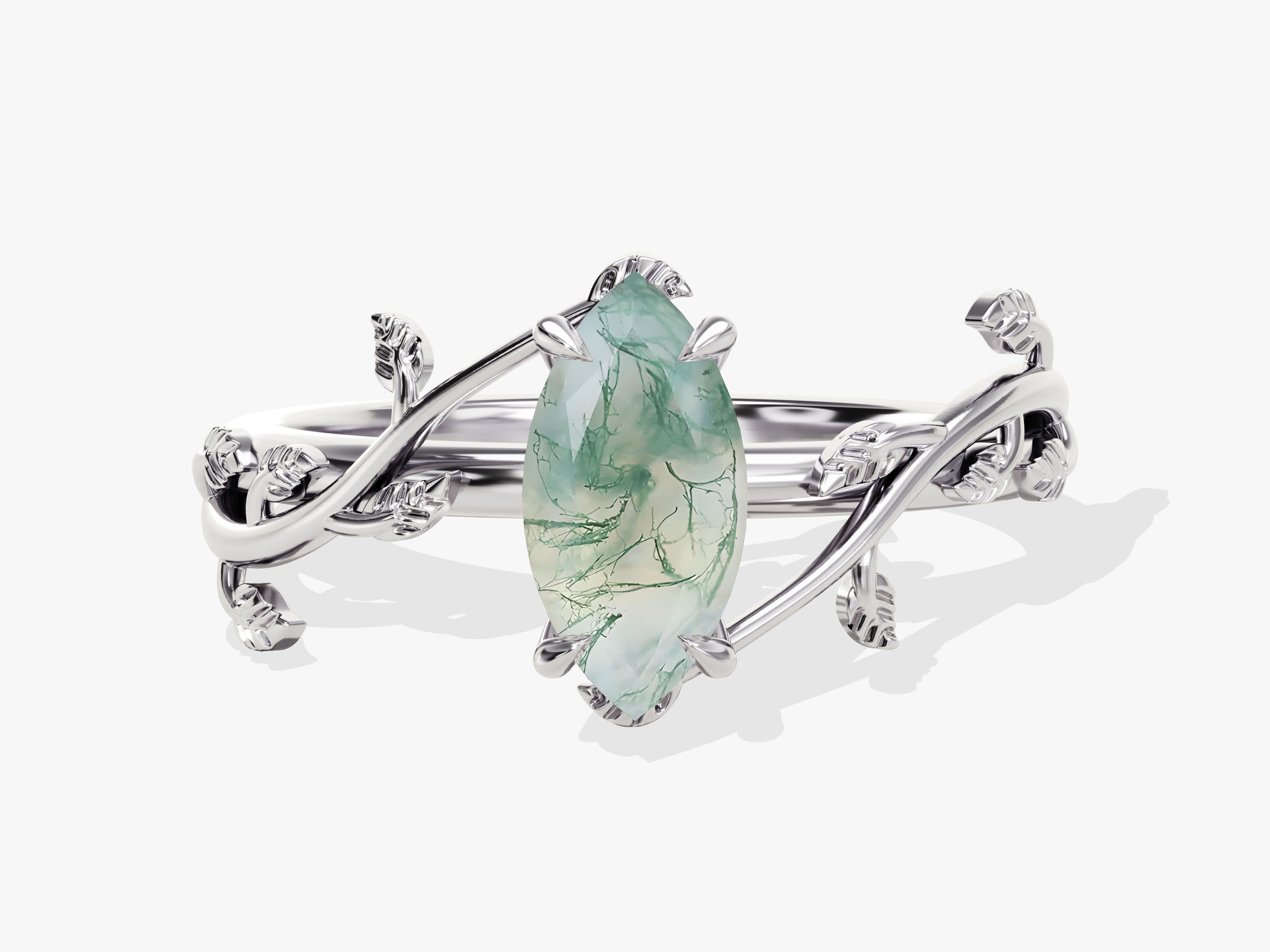 Moss agate marquise ring with silver leaf band