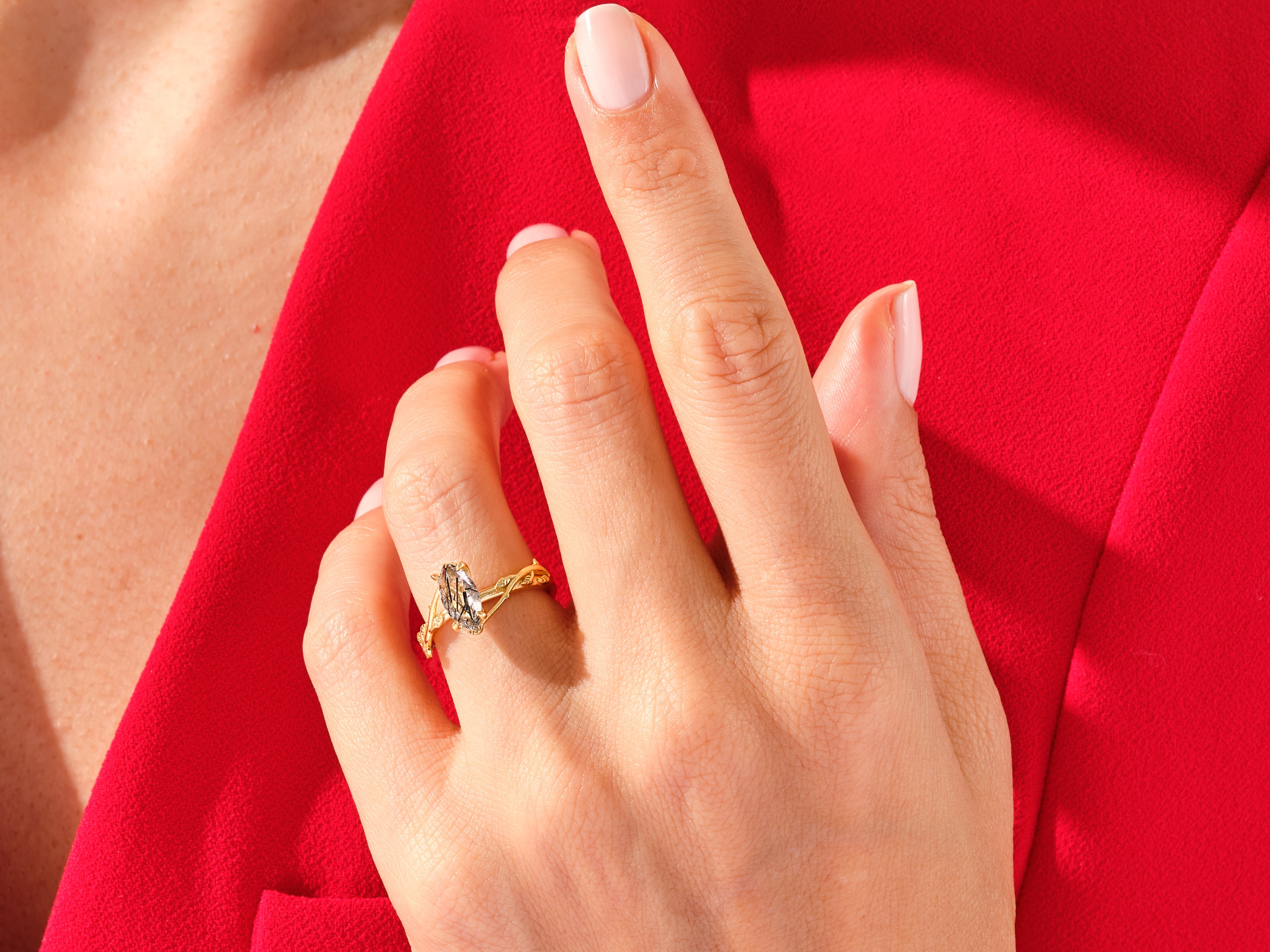 Marquise Black Rutilated Quartz Nature Inspired Engagement Ring