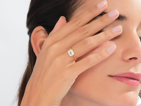 Flat Band Emerald Cut Natural Diamond Engagement Ring