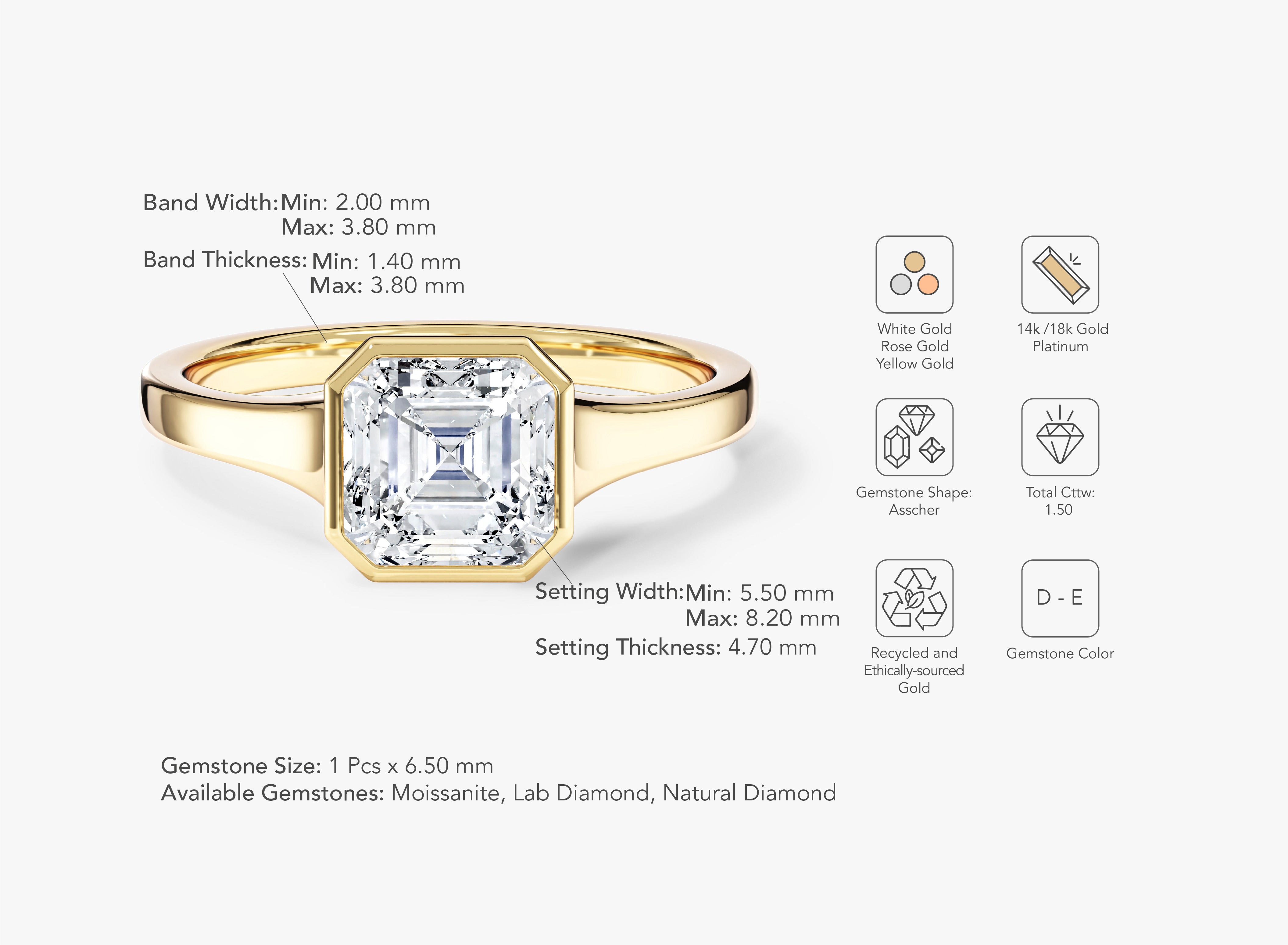 Flat Band Asscher Cut Moissanite Engagement Ring