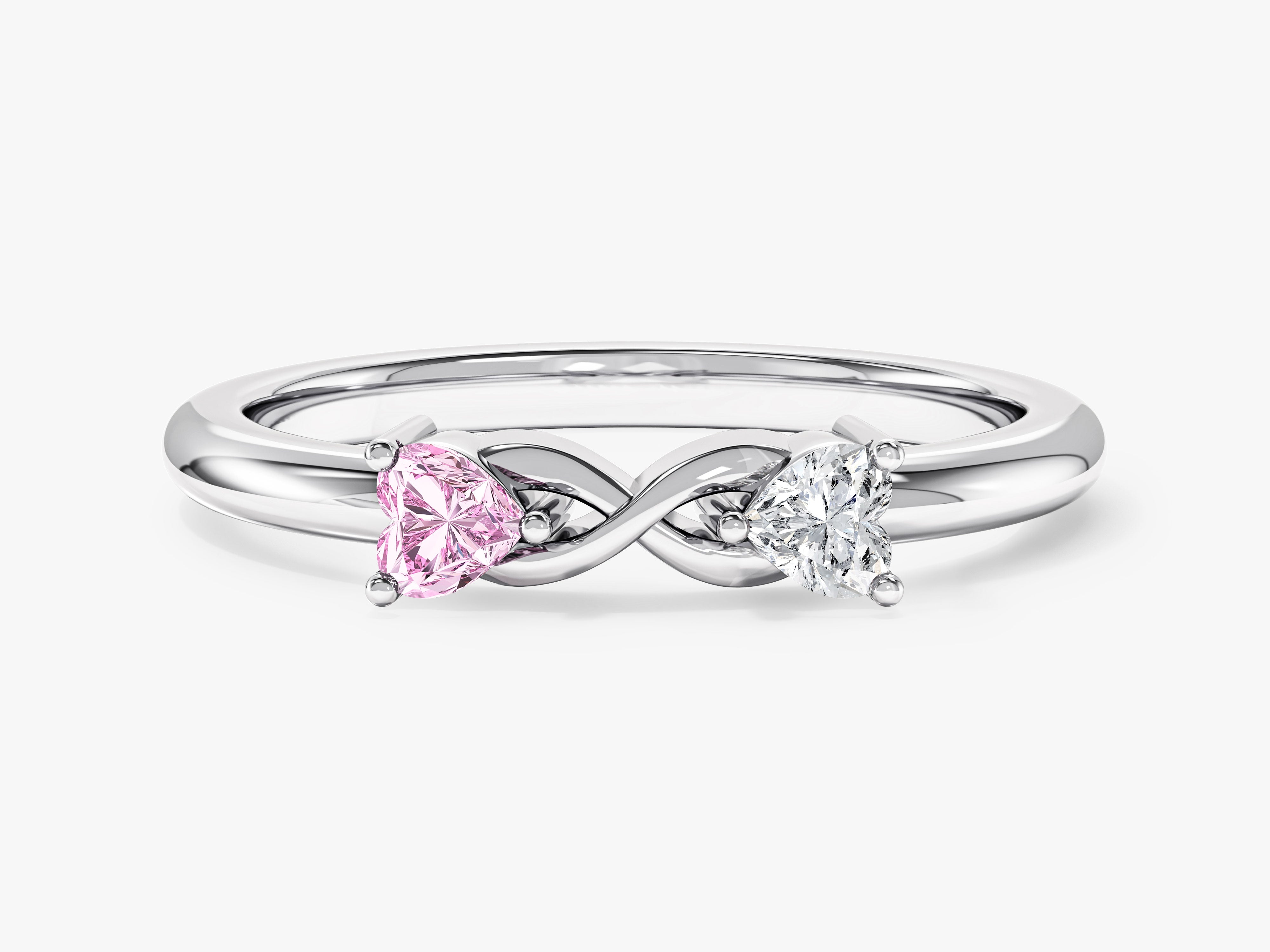Infinity ring with pink and white heart diamonds, fine jewelry