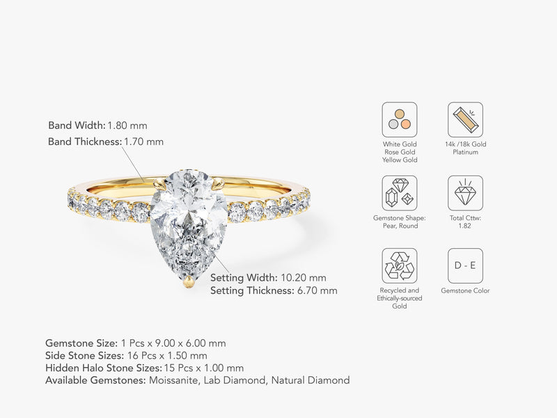 Sidestone Accent Pear Cut Natural Diamond Engagement Ring