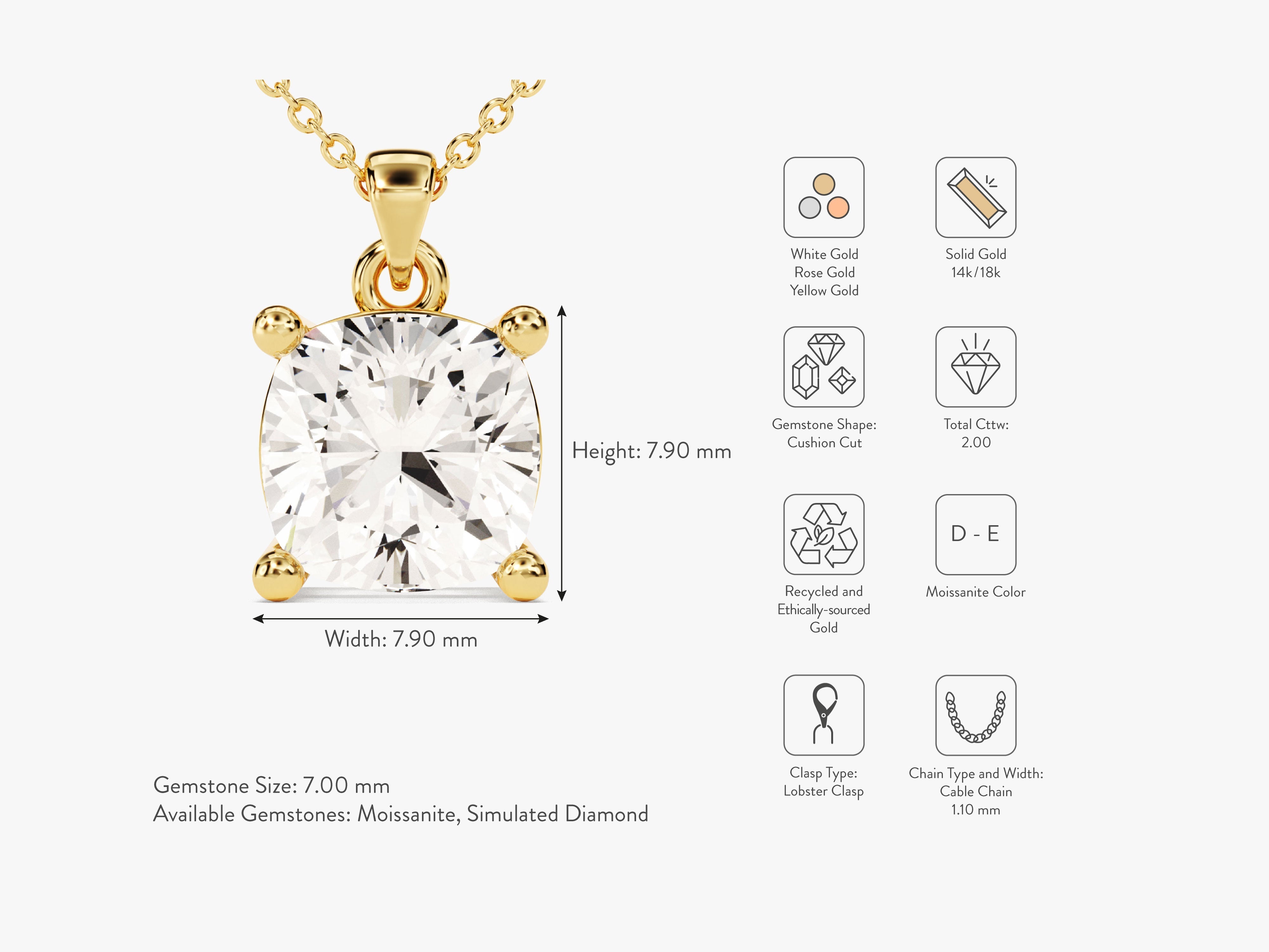 Cushion Cut Solitaire Pendant (2.00 CT)