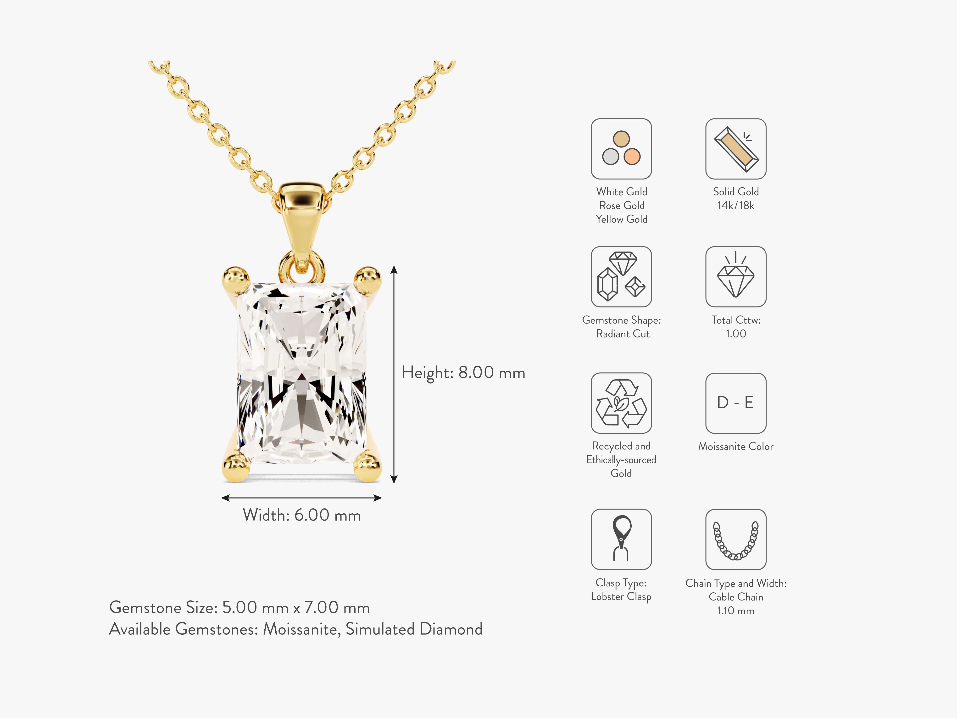 Radiant Cut Solitaire Pendant (1.00 CT)