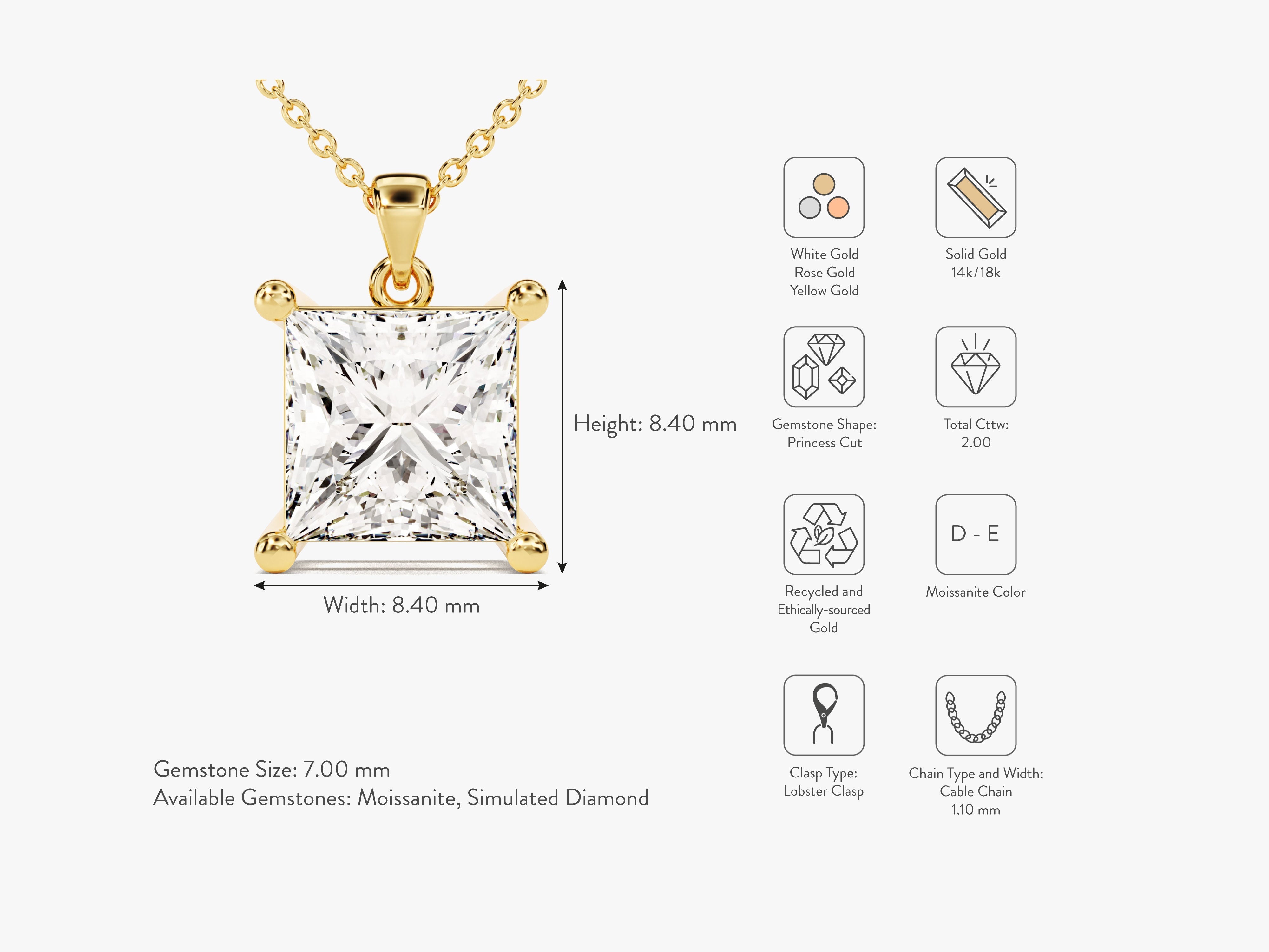 Princess Cut Solitaire Pendant (2.00 CT)