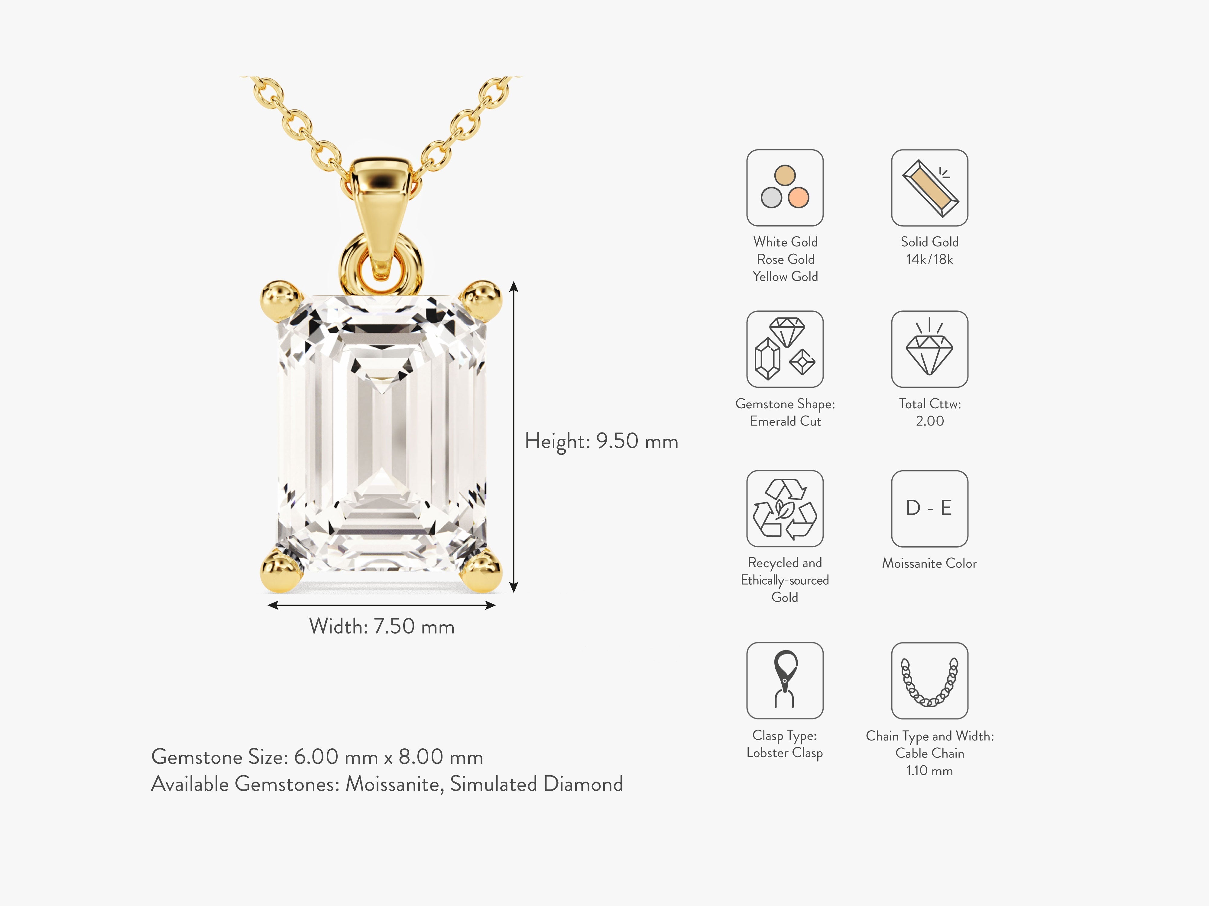 Emerald Cut Solitaire Pendant (2.00 CT)