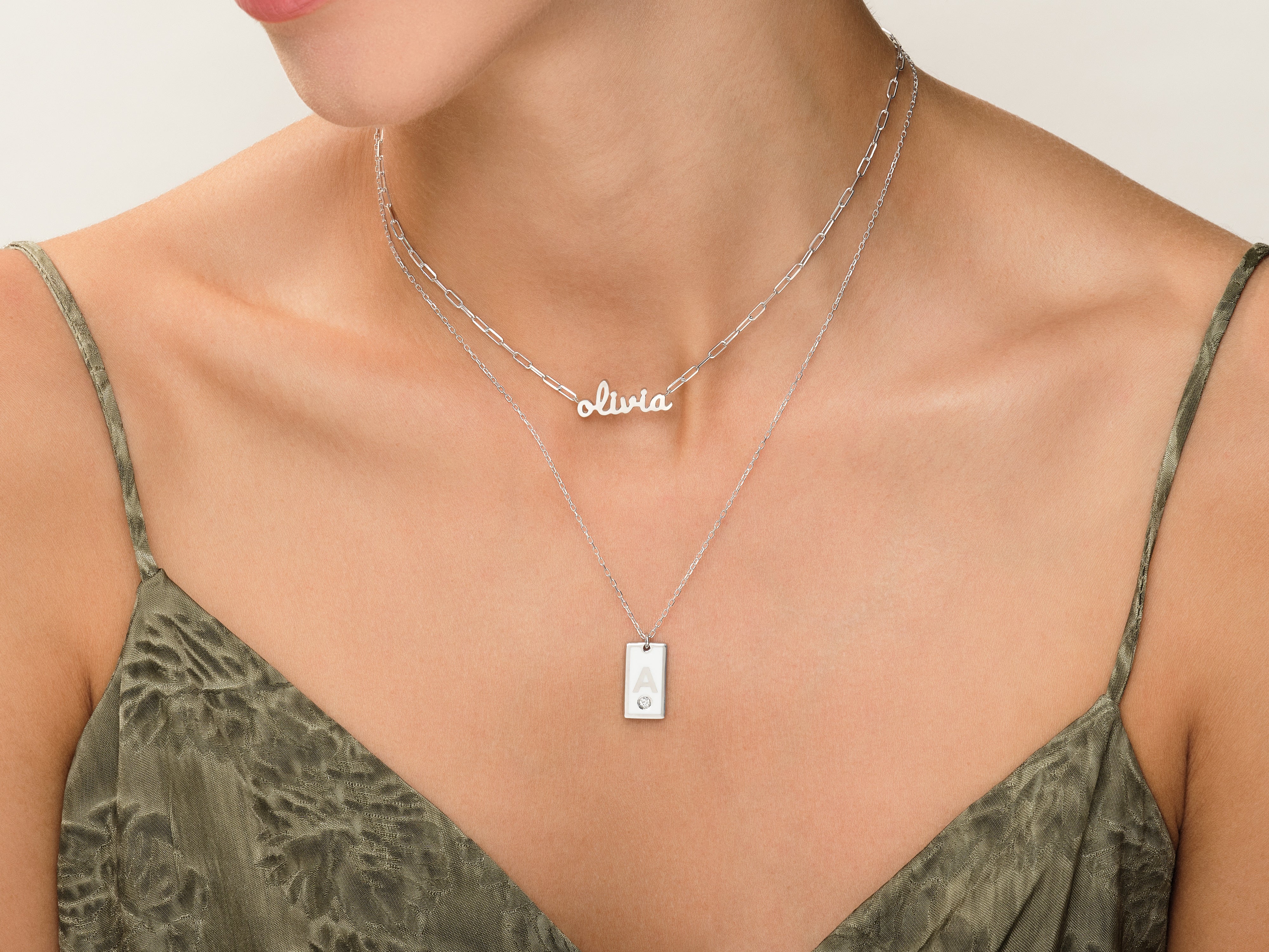 White Enamel Initial Letter Necklace with Birthstone