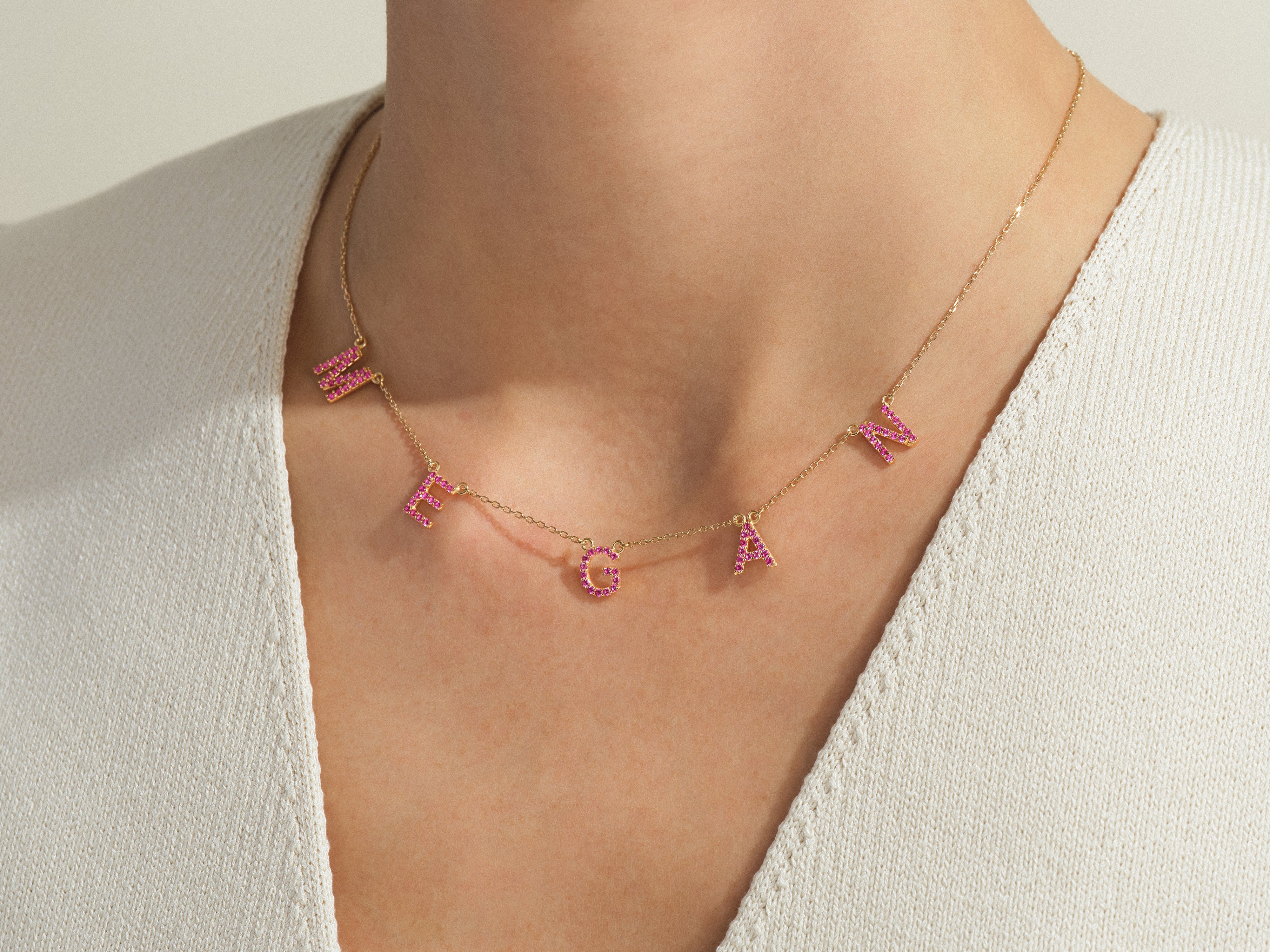 Pink Tourmaline Name Necklace in 14k Solid Gold
