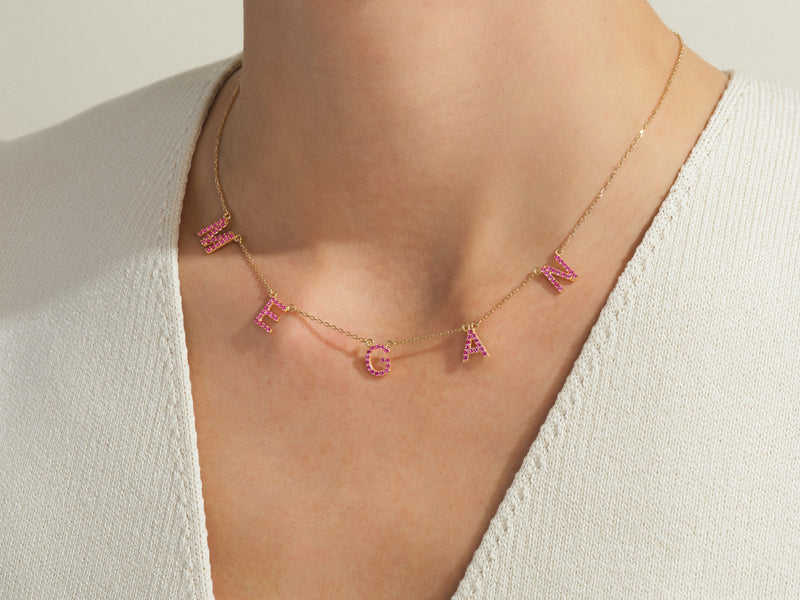 Pink Tourmaline Name Necklace in 14k Solid Gold