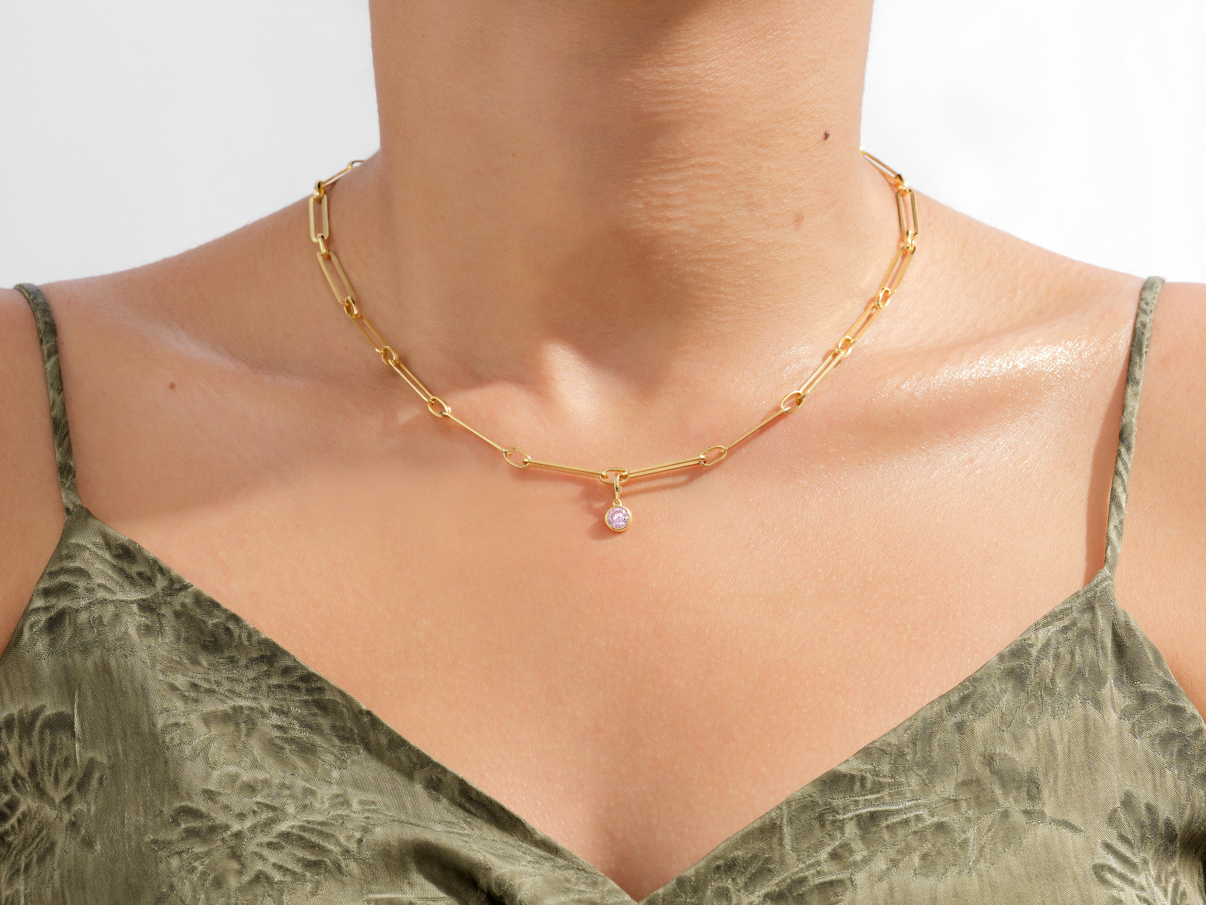 Paperclip Birthstone Charm Necklace