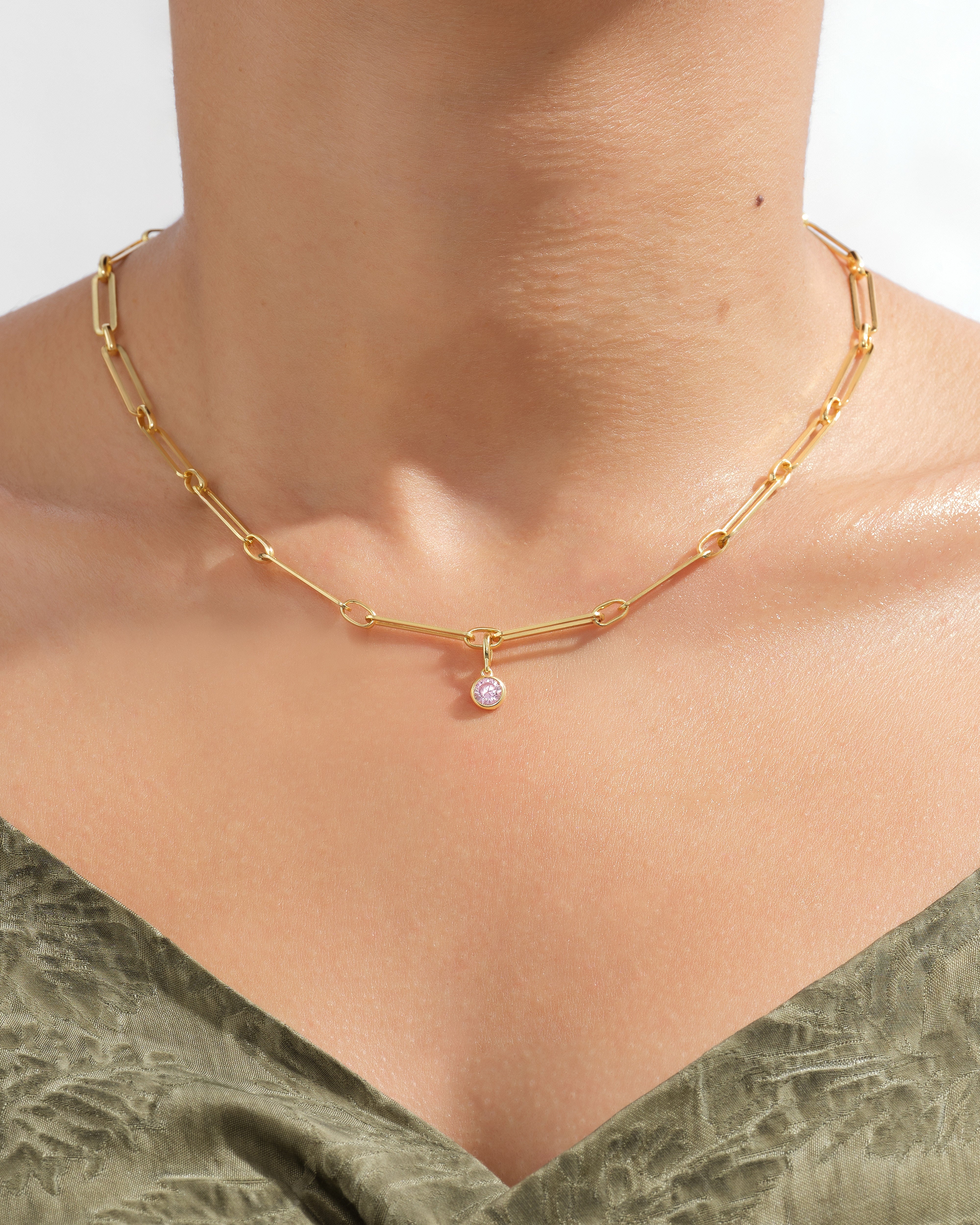 Paperclip Birthstone Charm Necklace