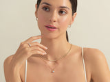 Woman wearing diamond necklace, ring, and earrings from jewelry brand