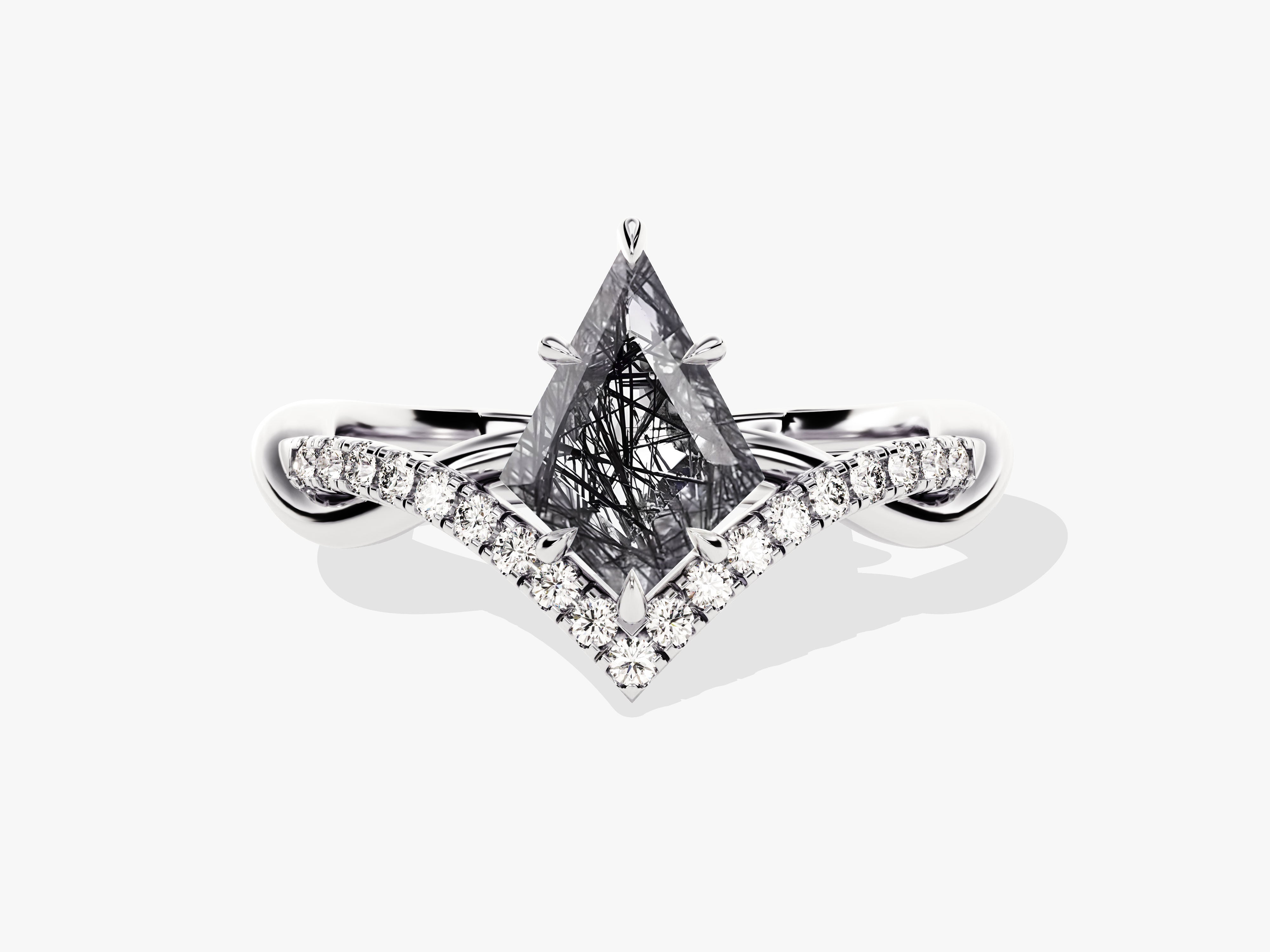 Kite Black Rutilated Quartz Curved Engagement Ring with Moissanite Sidestones