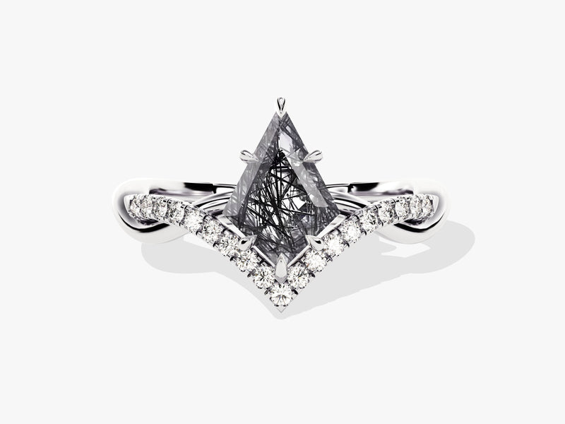 Kite Black Rutilated Quartz Curved Engagement Ring with Moissanite Sidestones
