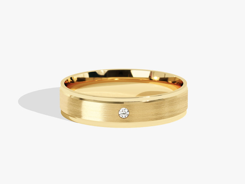 Gold wedding band with diamond accent, brushed finish, jewelry