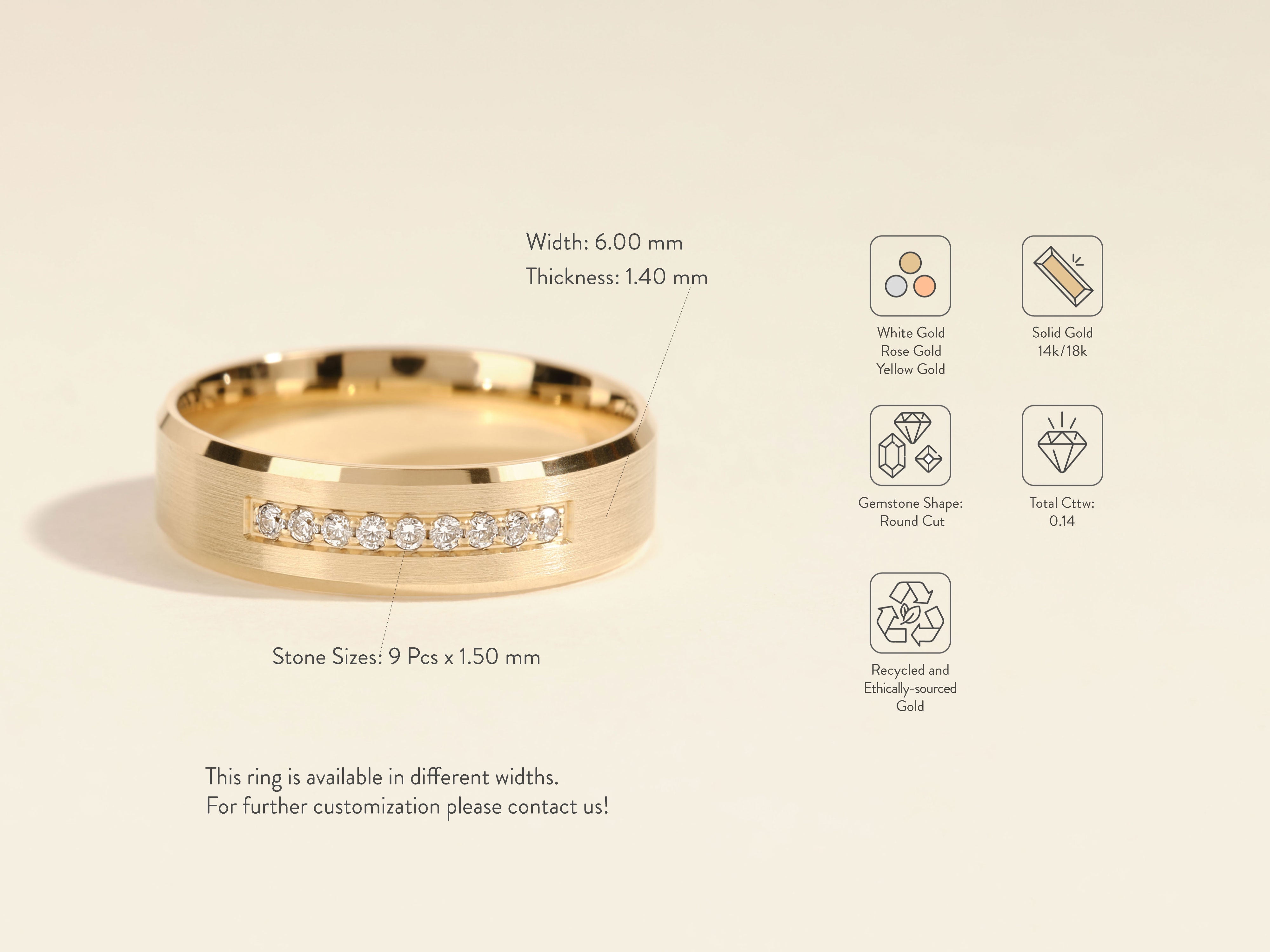 Diamond band ring in brushed gold with round cut diamonds