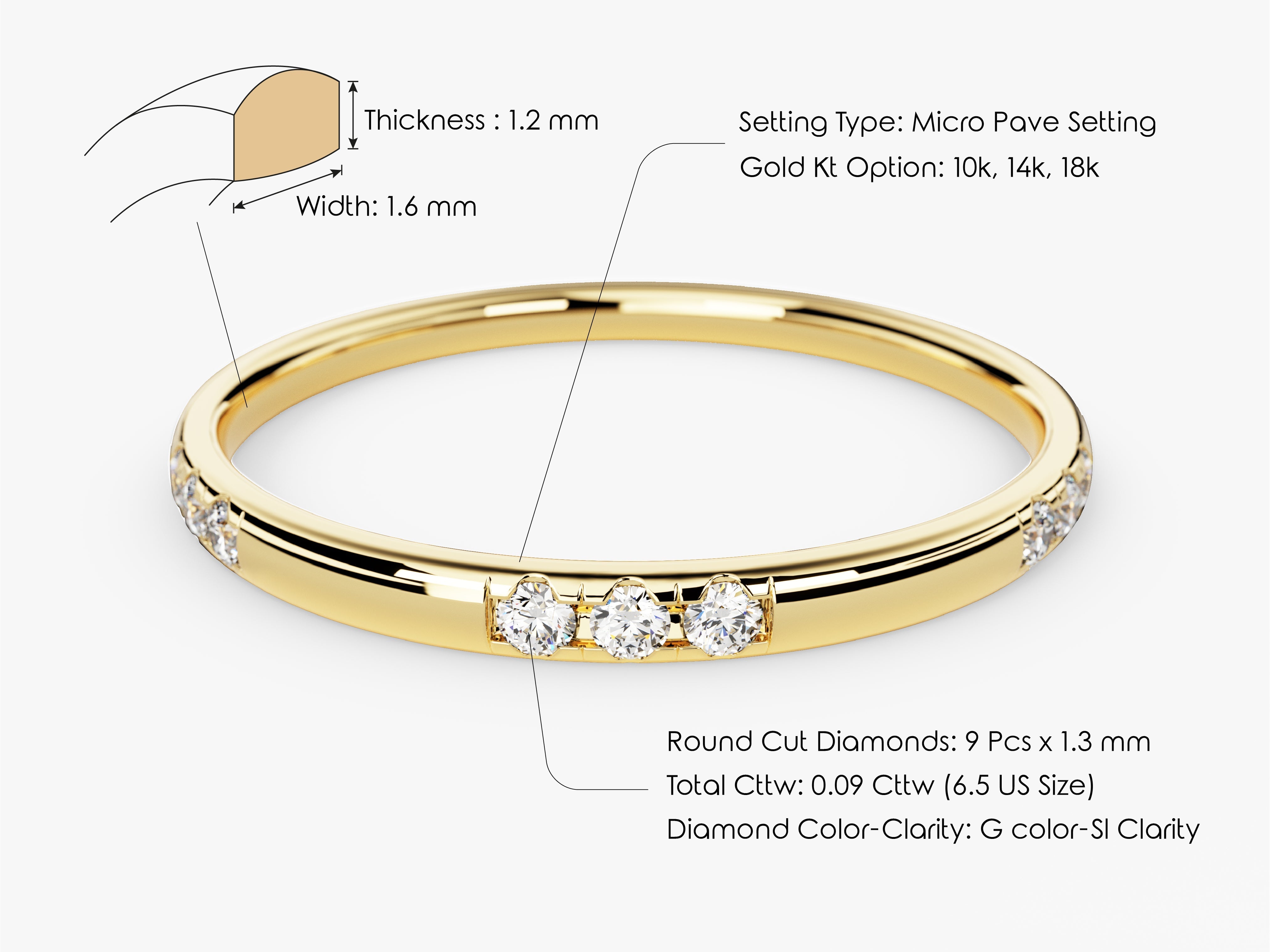 Gold micro pave diamond band ring, 10k, 14k, 18k options