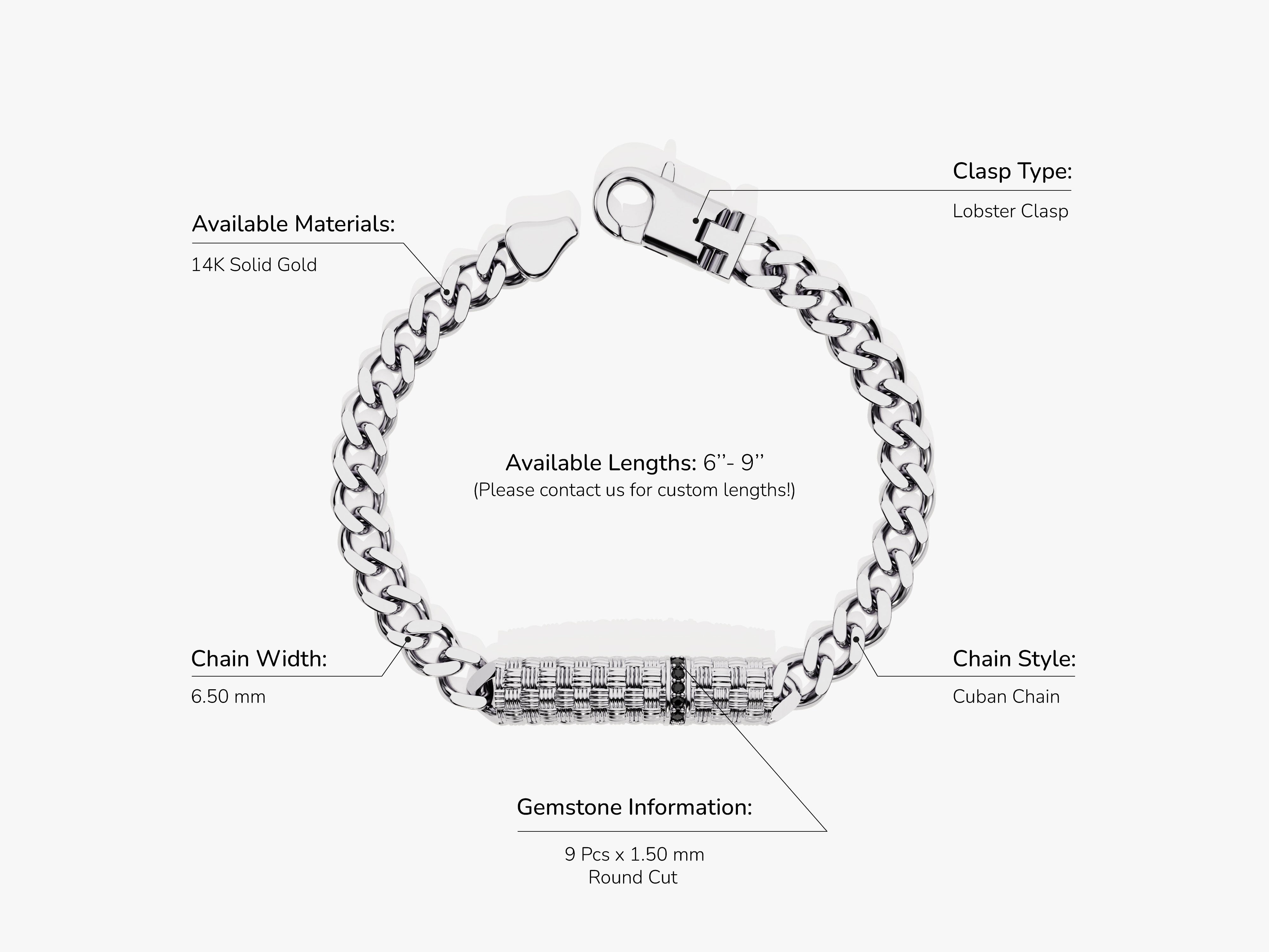 14k Solid Gold Cuban Chain Bracelet with Black Diamonds