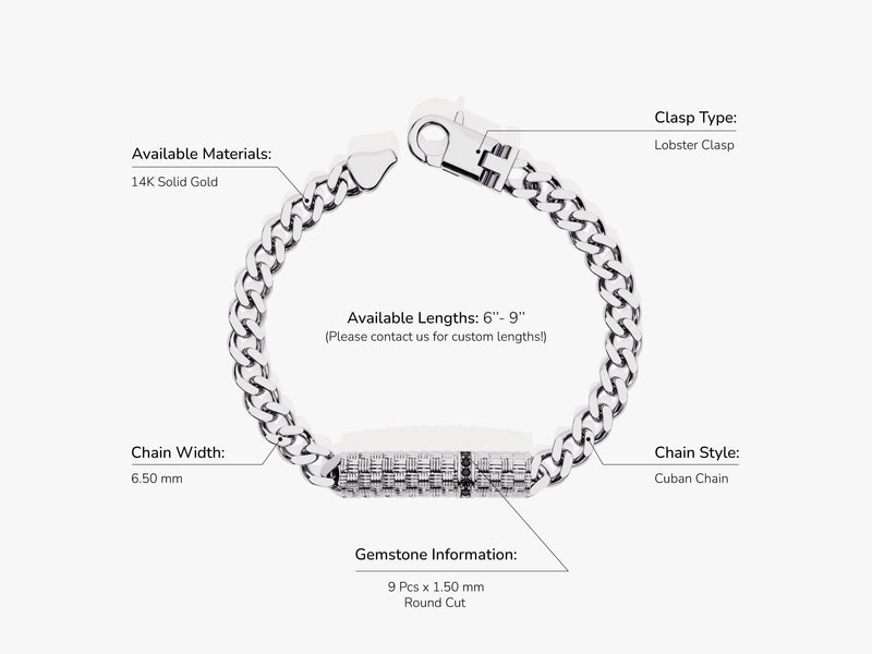 14k Solid Gold Cuban Chain Bracelet with Black Diamonds