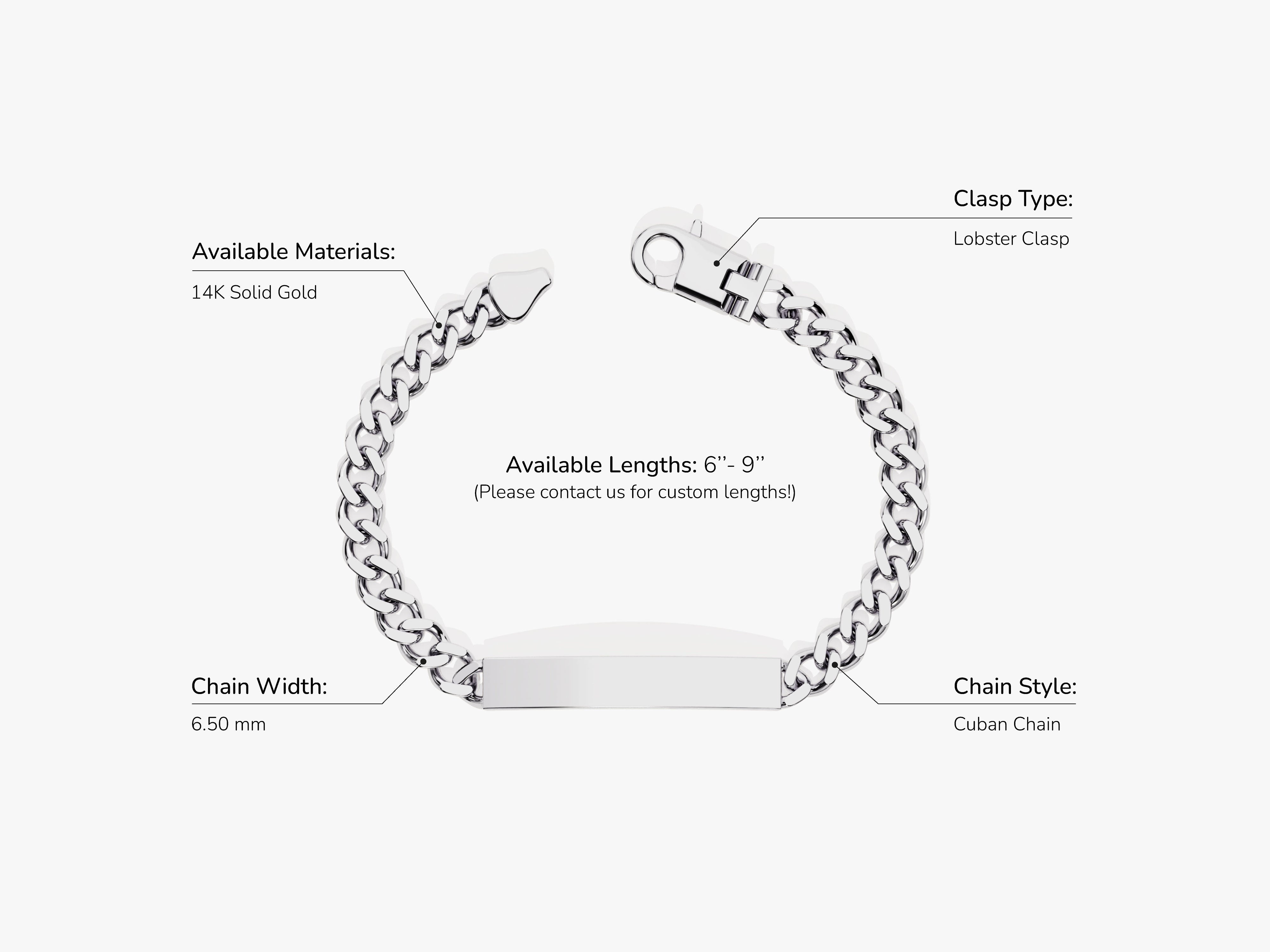 14k Solid Gold 6.5mm Cuban Chain Tag Bracelet