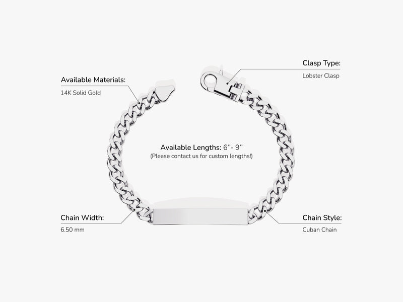 14k Solid Gold 6.5mm Cuban Chain Tag Bracelet