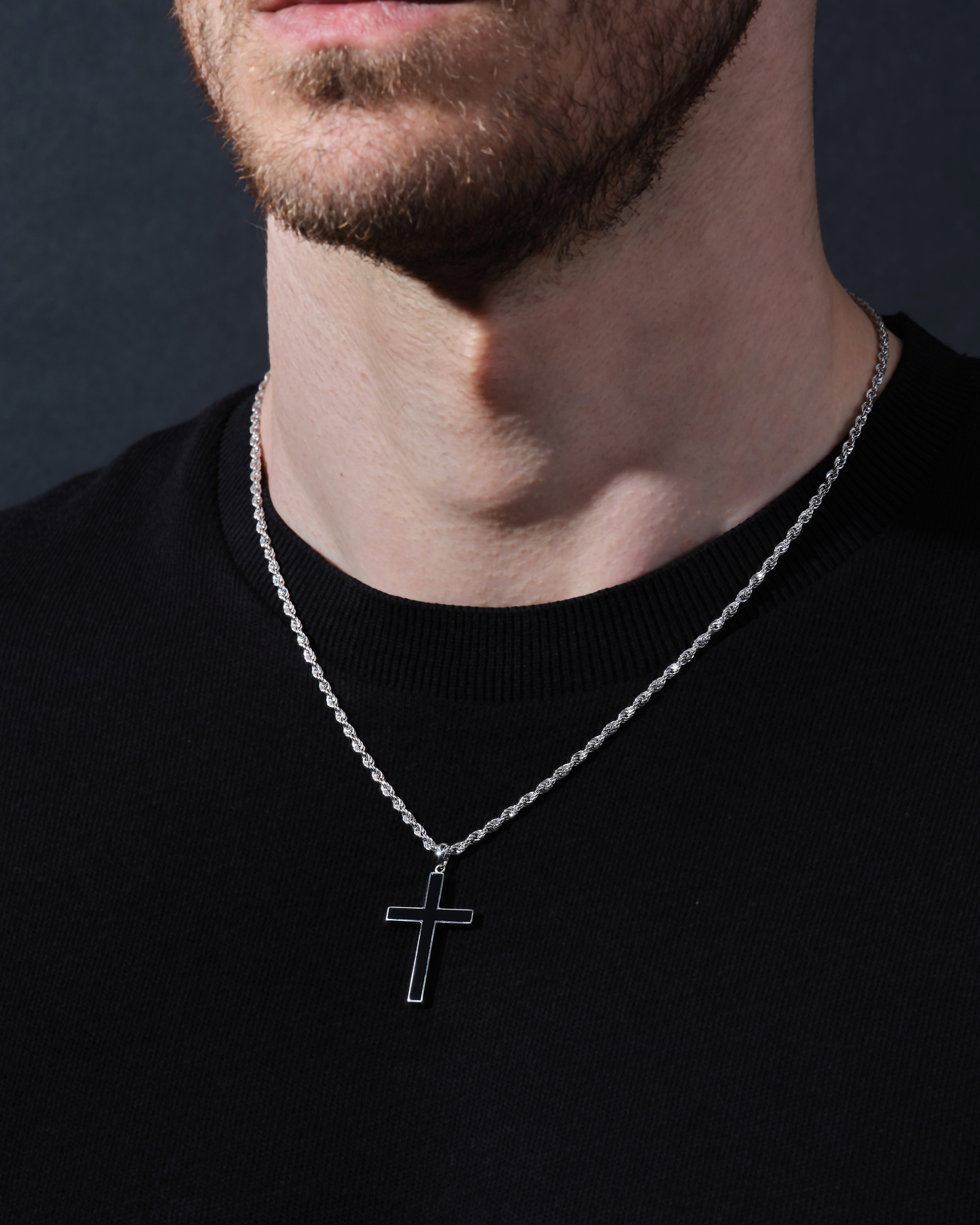 14k Gold 2.5mm Rope Chain Black Cross Necklace