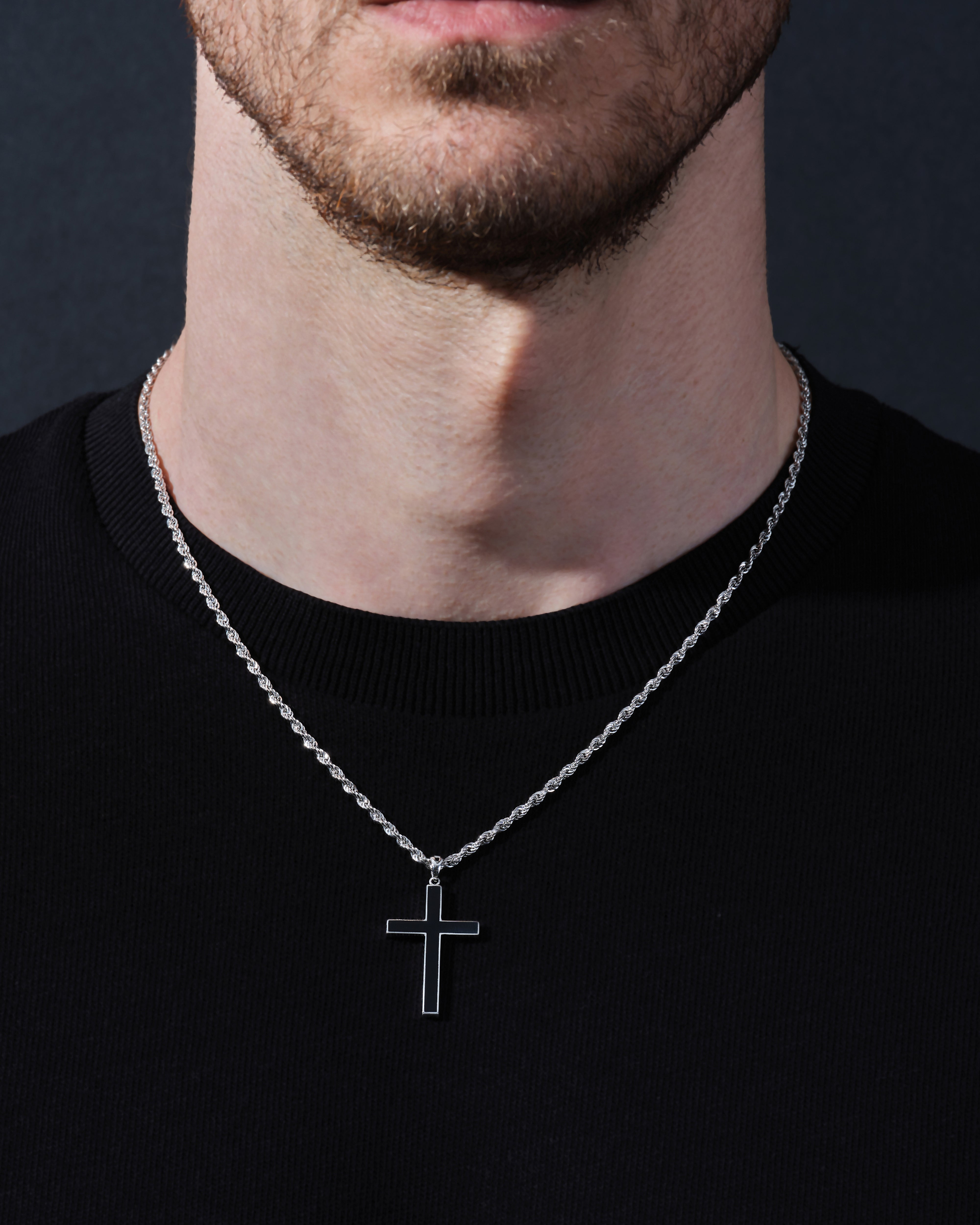 14k Gold 2.5mm Rope Chain Black Cross Necklace