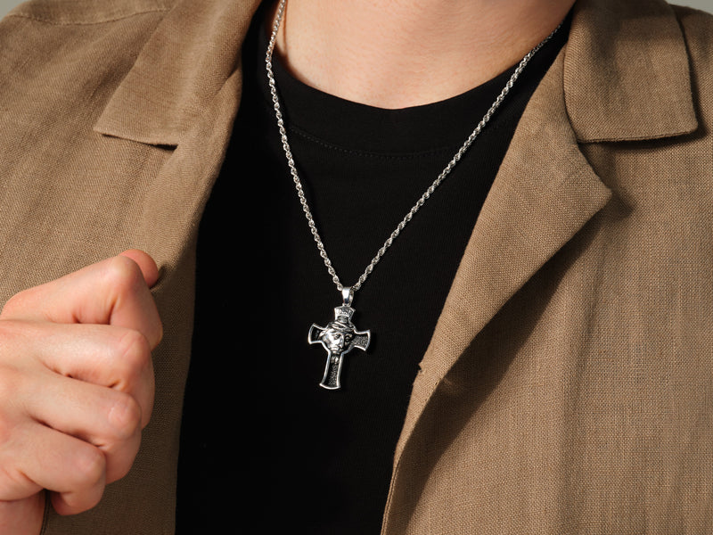 Jesus Cross Pendant Necklace - Sterling Silver