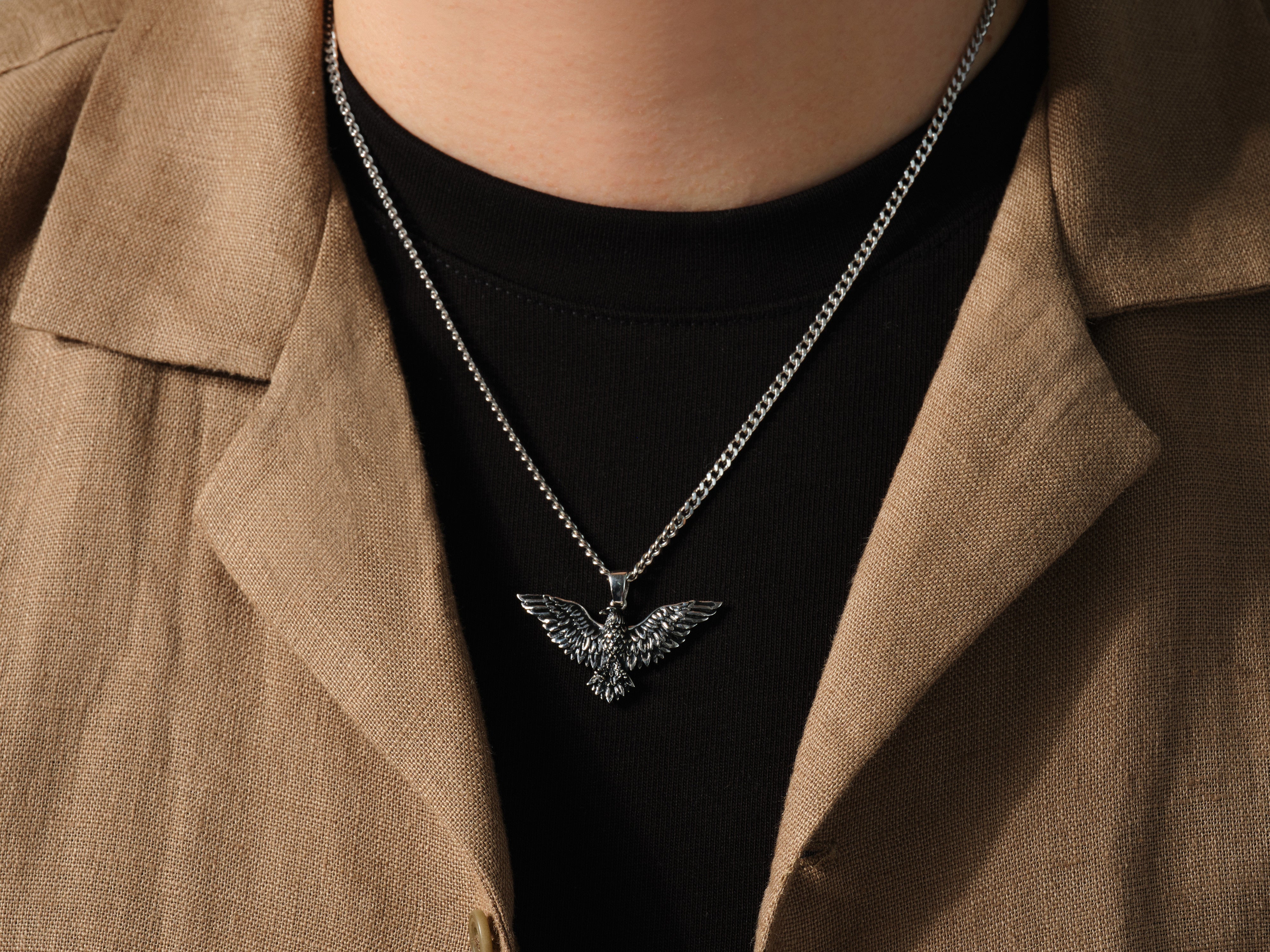 Oxidized Flying Eagle Pendant Necklace - Sterling Silver