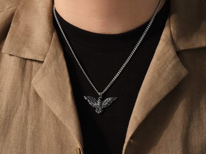 Oxidized Flying Eagle Pendant Necklace - Sterling Silver
