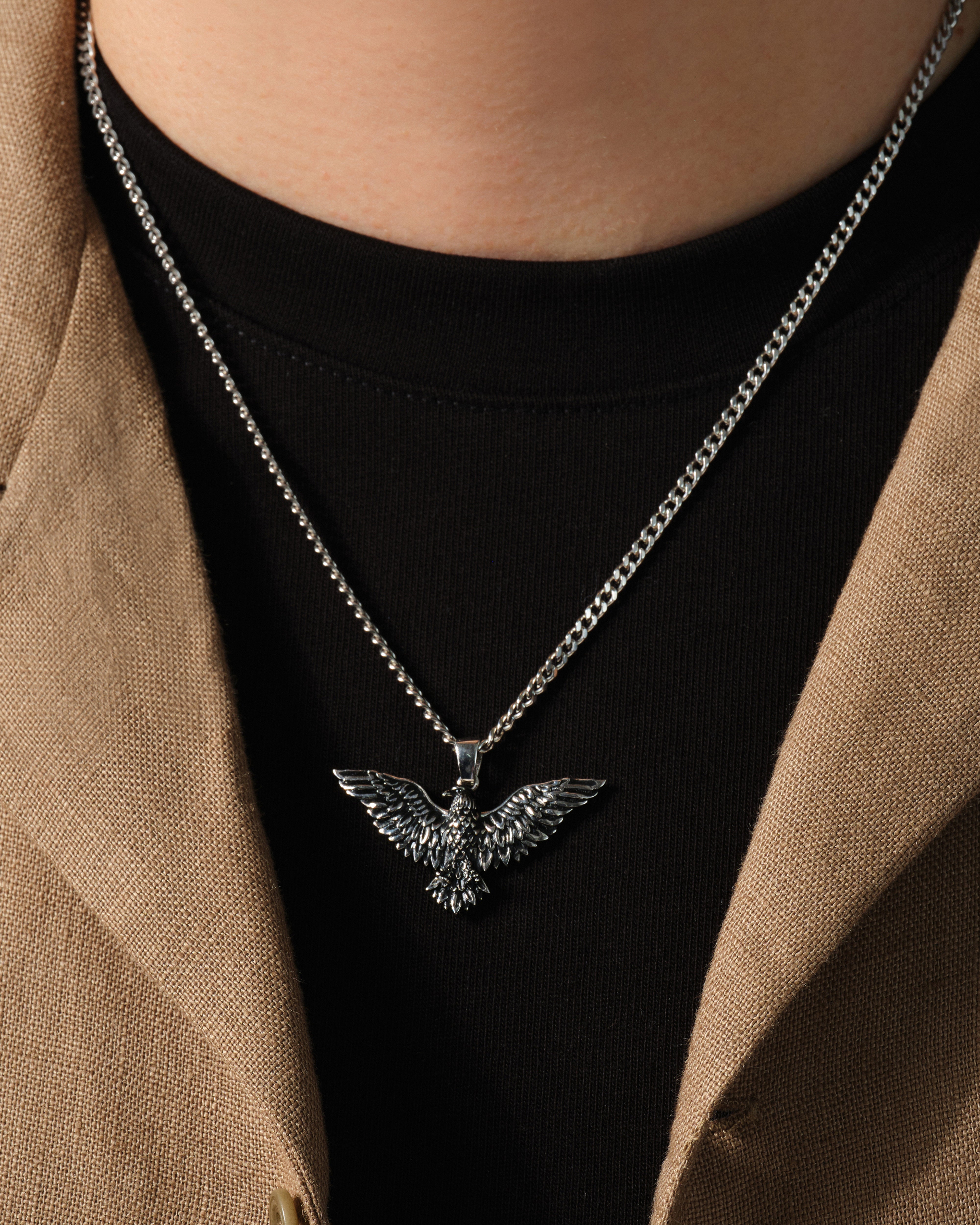 Oxidized Flying Eagle Pendant Necklace - Sterling Silver