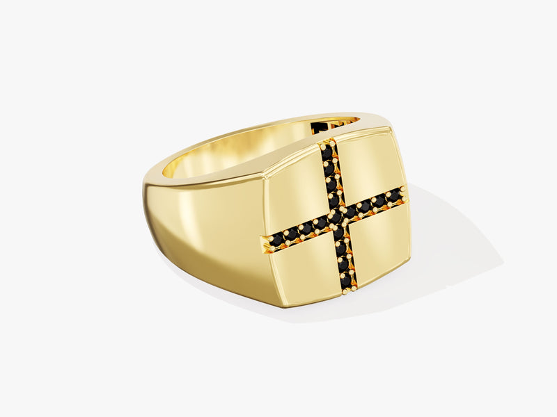 14k Gold Black Diamond Cross Signet Ring