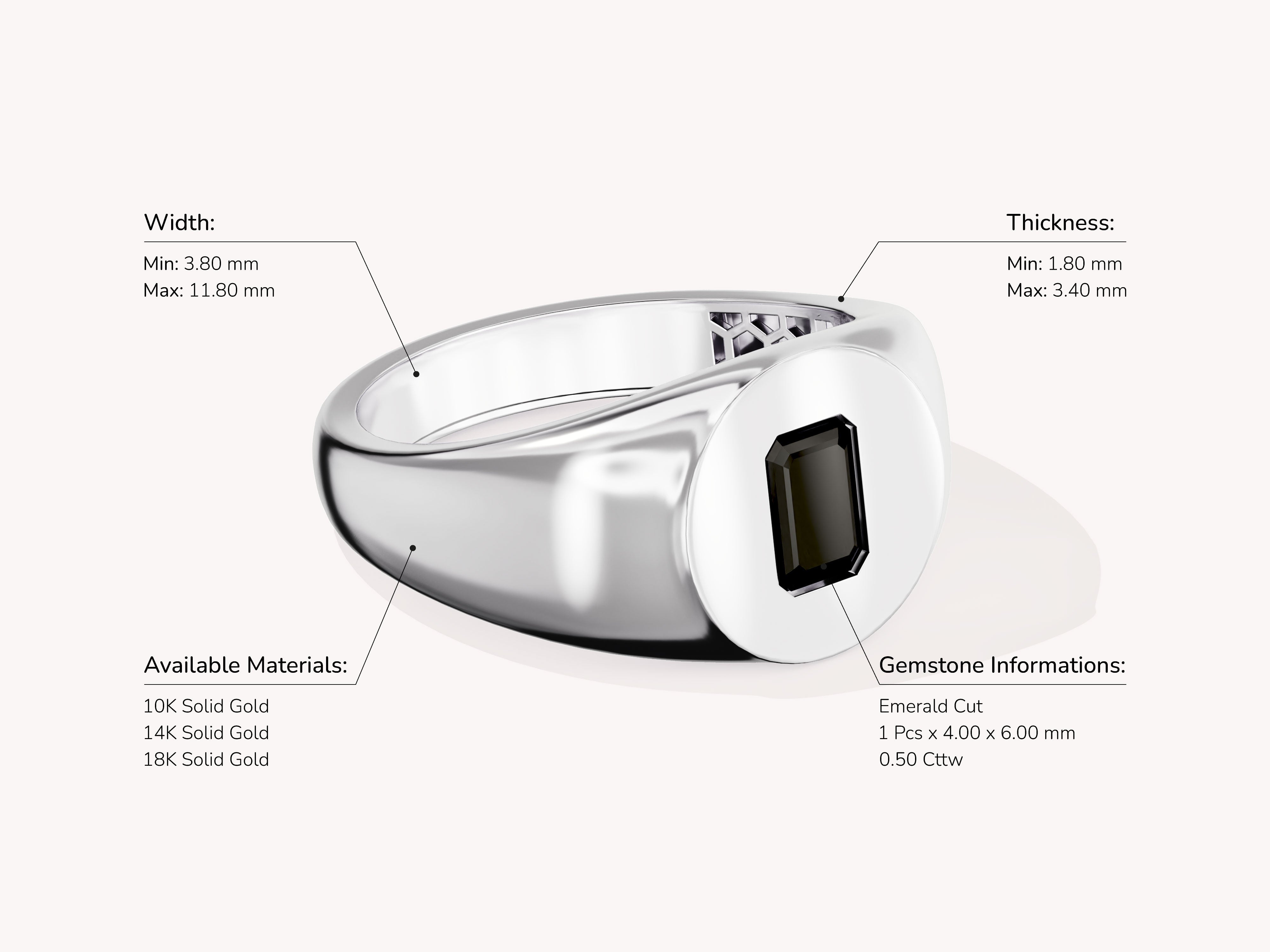 Men's emerald cut black gemstone signet ring in solid gold