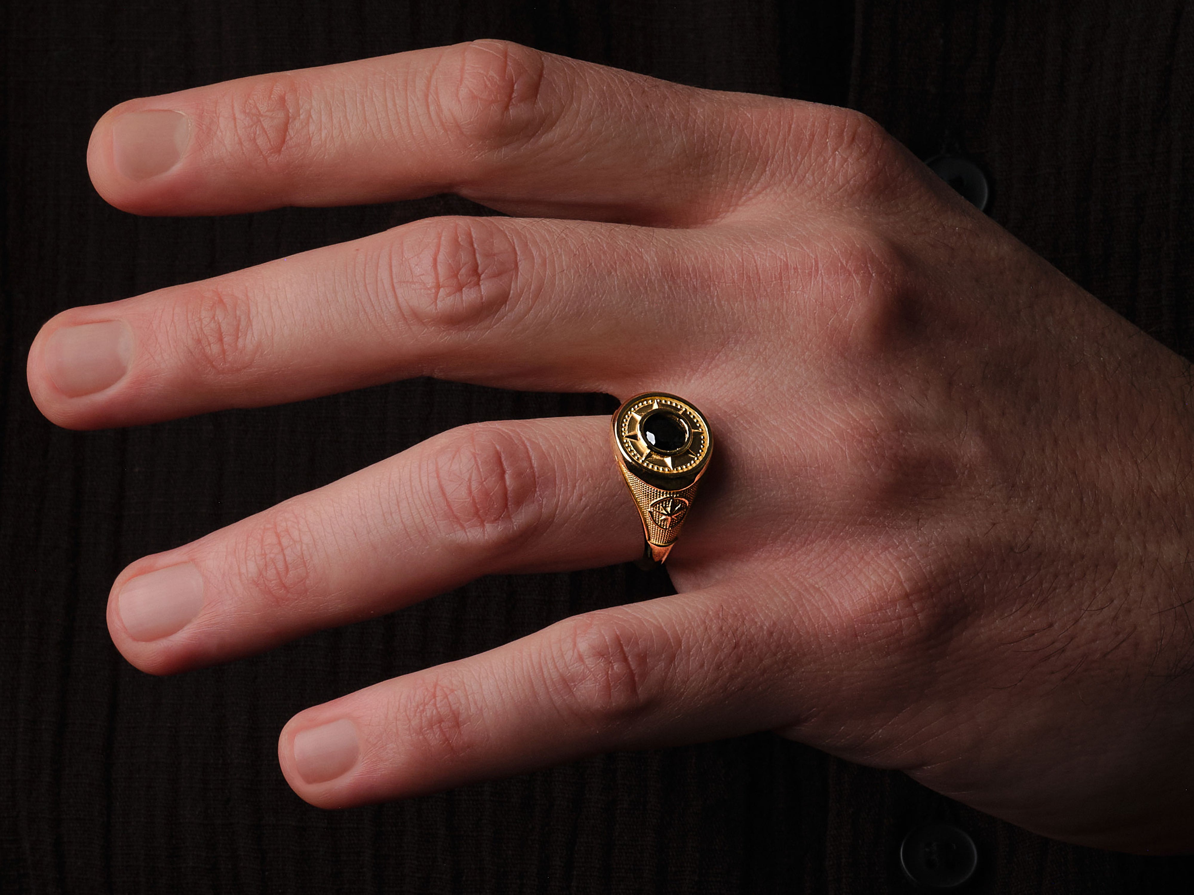 Gold signet ring with black gemstone, jewelry for men