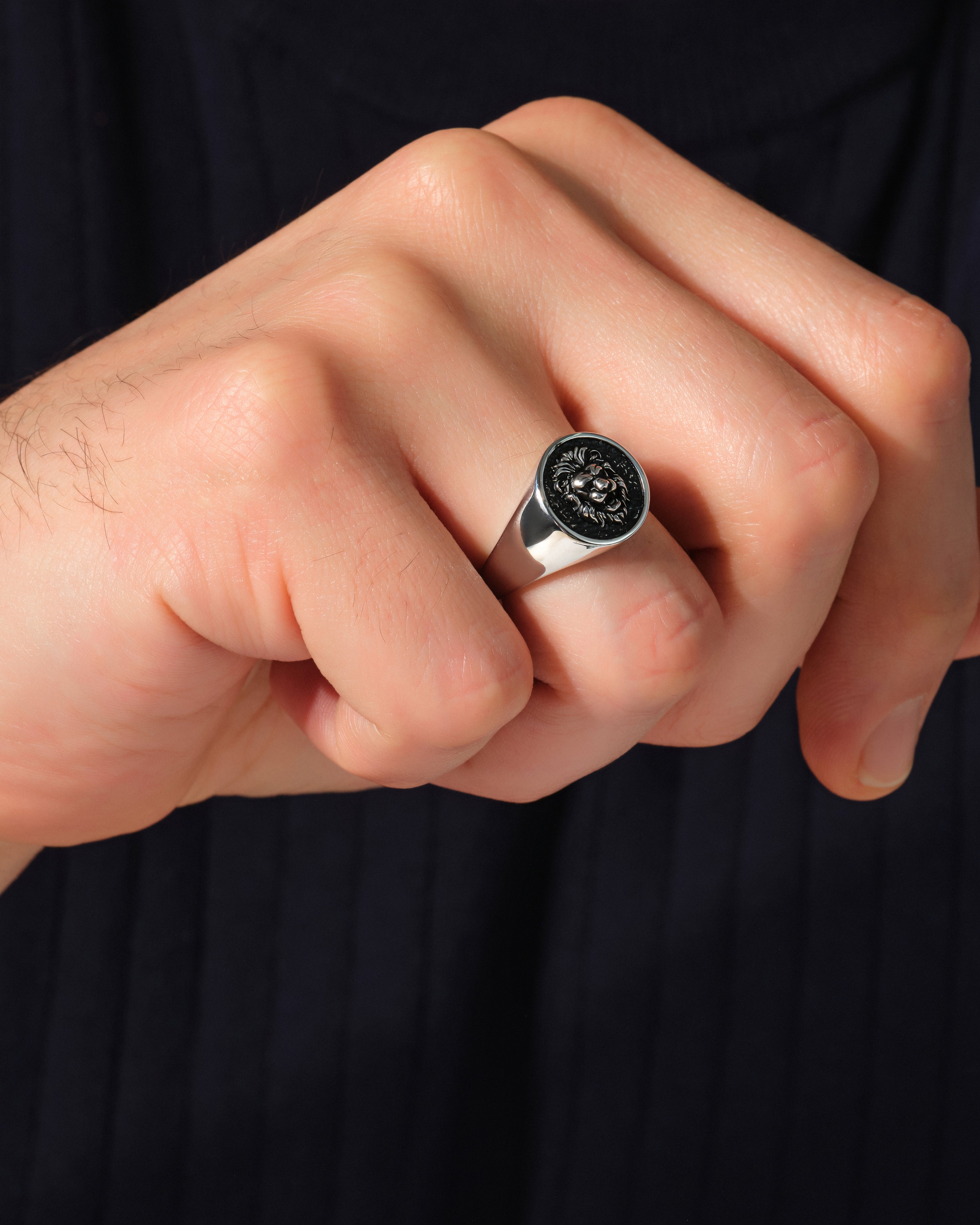Oxidized Lion Head Signet Ring - Sterling Silver