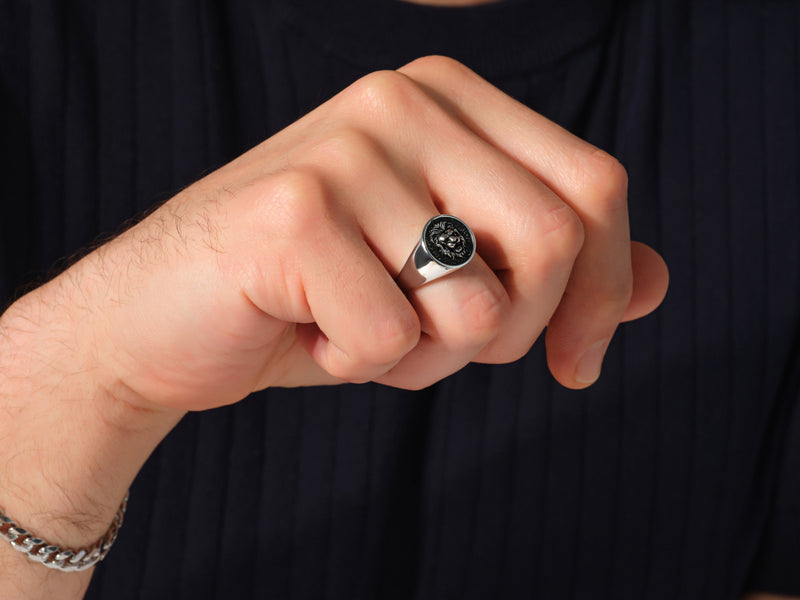 Oxidized Lion Head Signet Ring - Sterling Silver