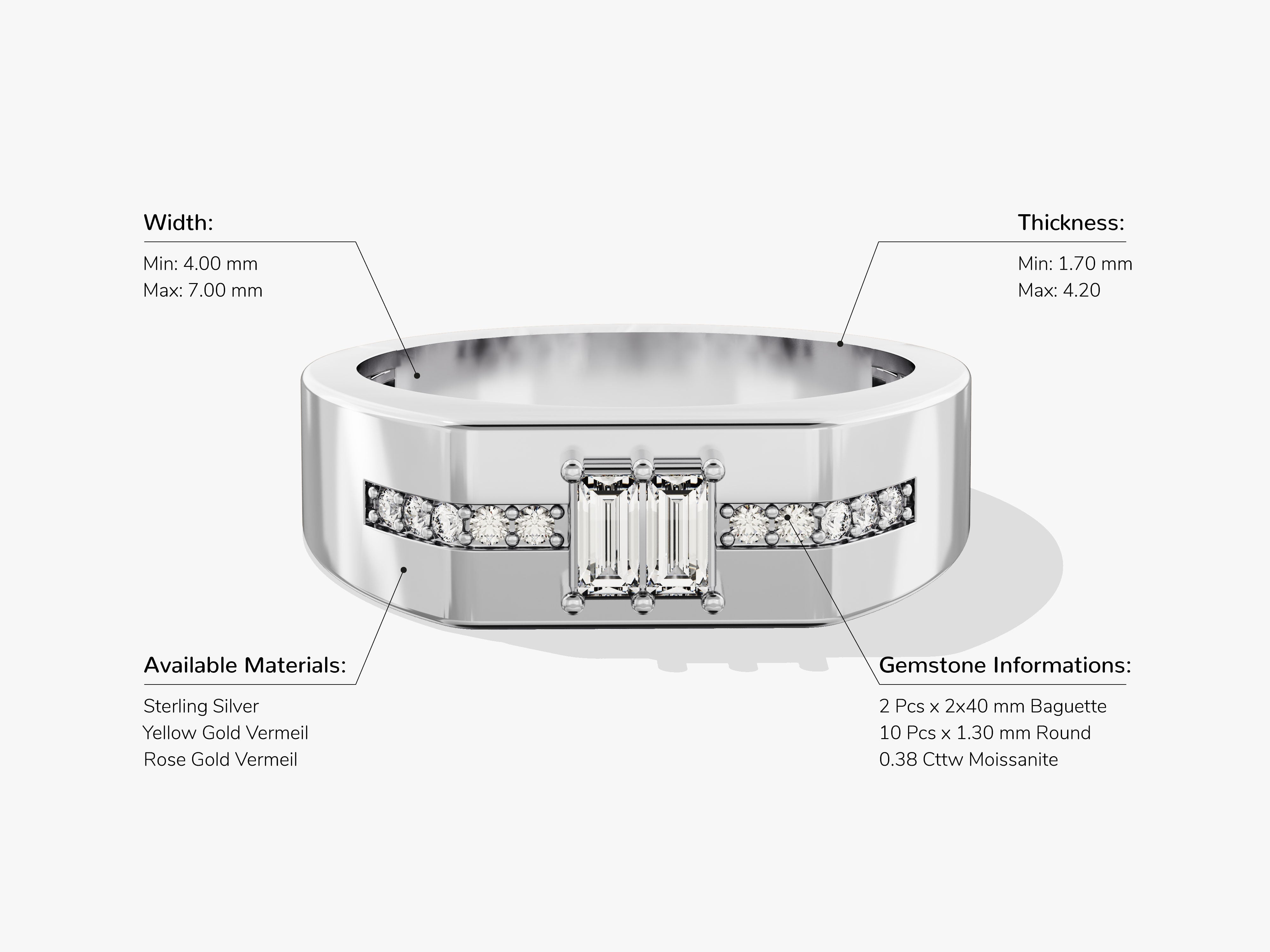 Men's Baguette Cut Moissanite Ring - Gold Vermeil
