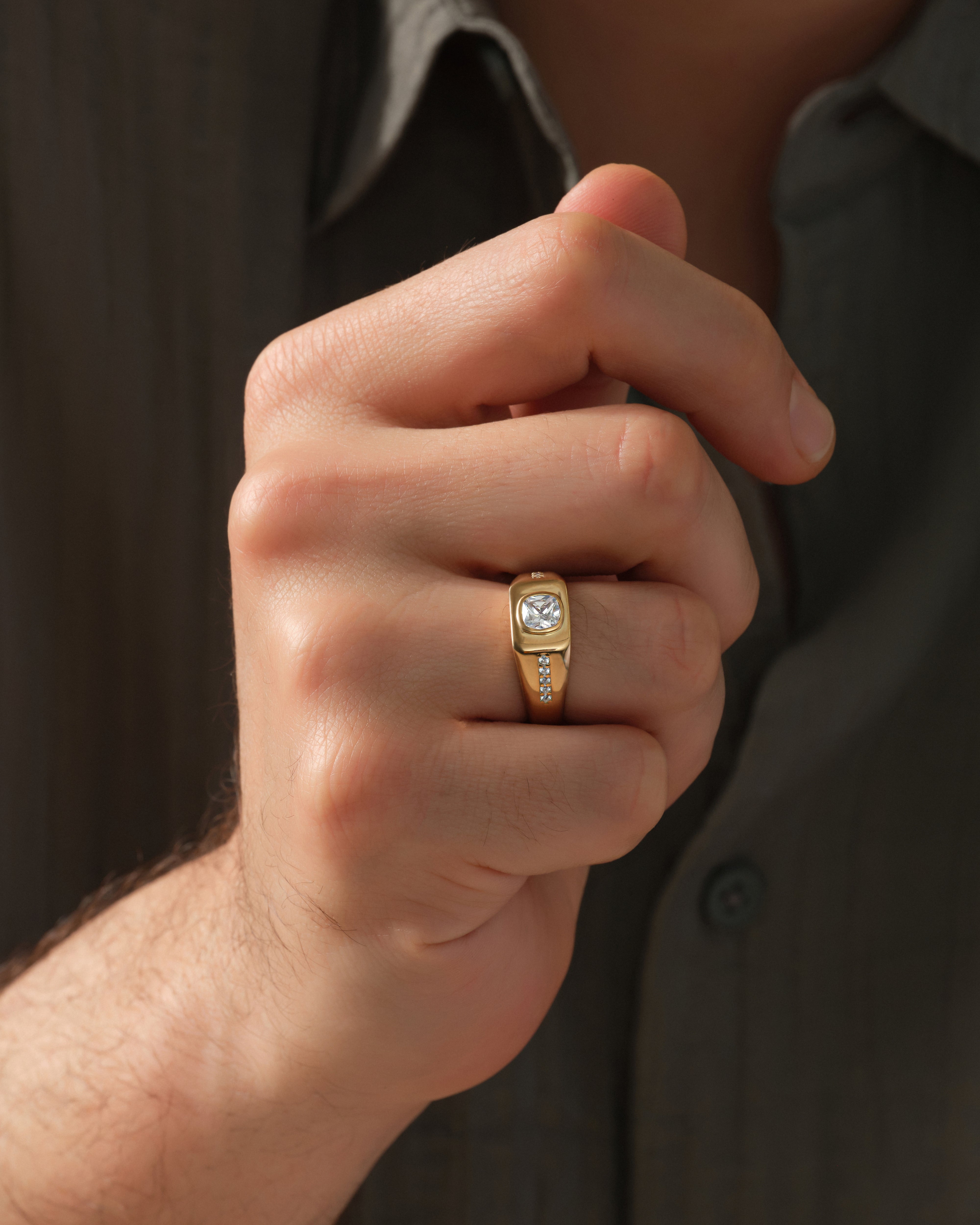 Men's Cushion Moissanite Signet Ring - Gold Vermeil
