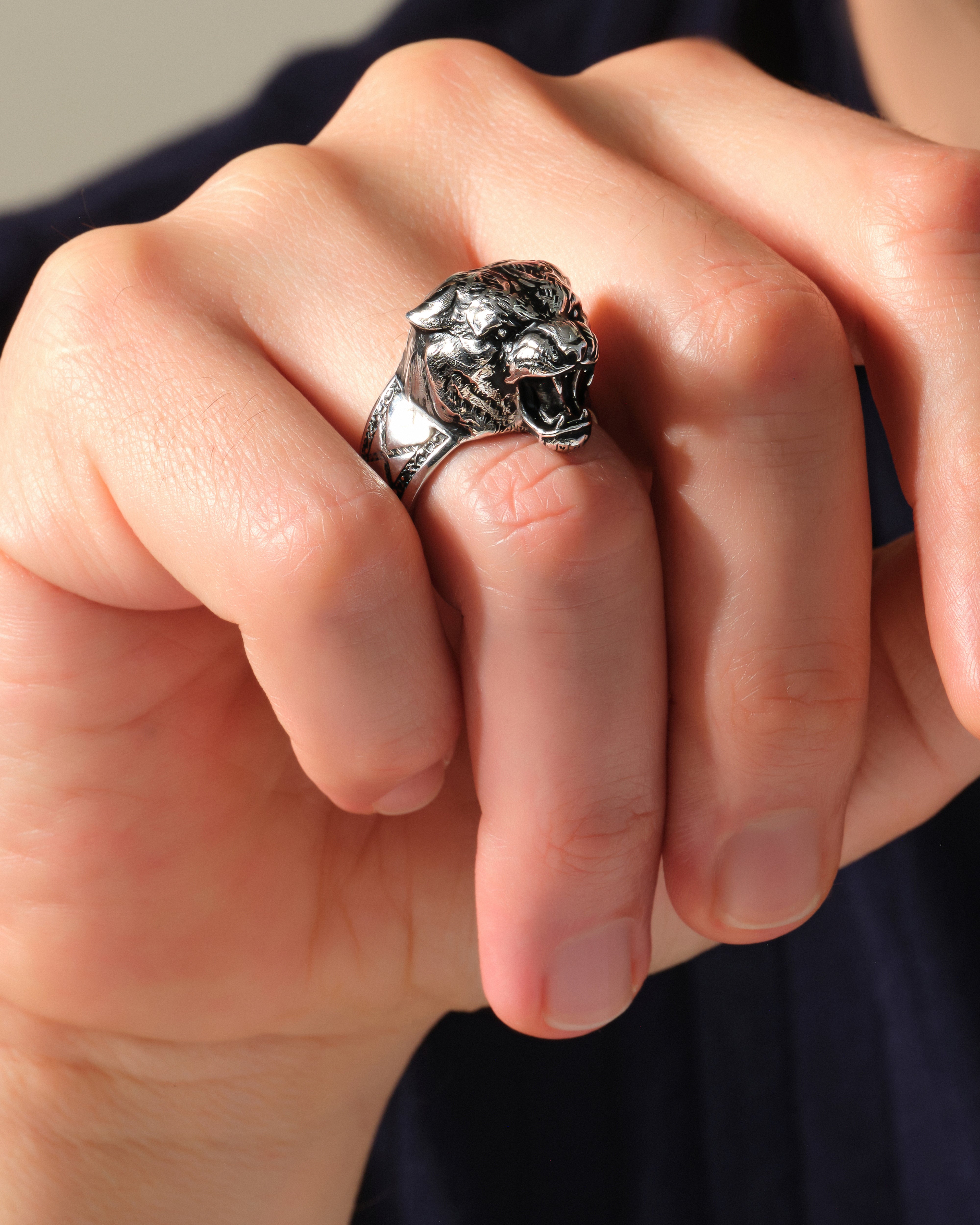 Men's Tiger Head Ring - Sterling Silver