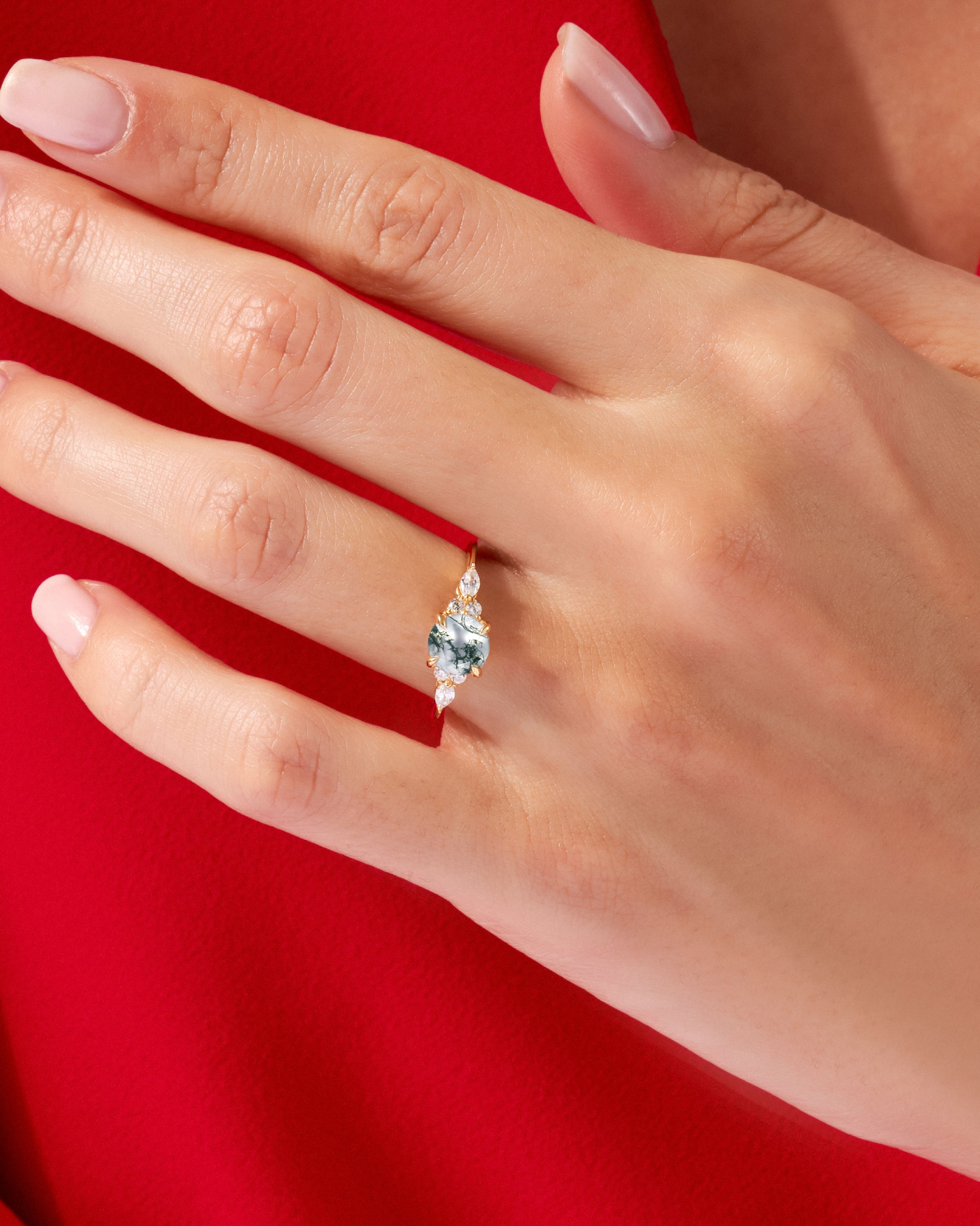Round Moss Agate Engagement Ring with Moissanite Sidestones