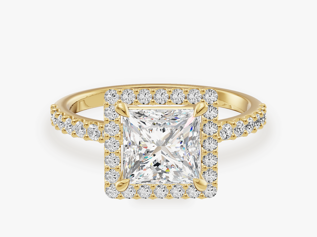 Halo Engagement Ring with Shared Prong Sidestones