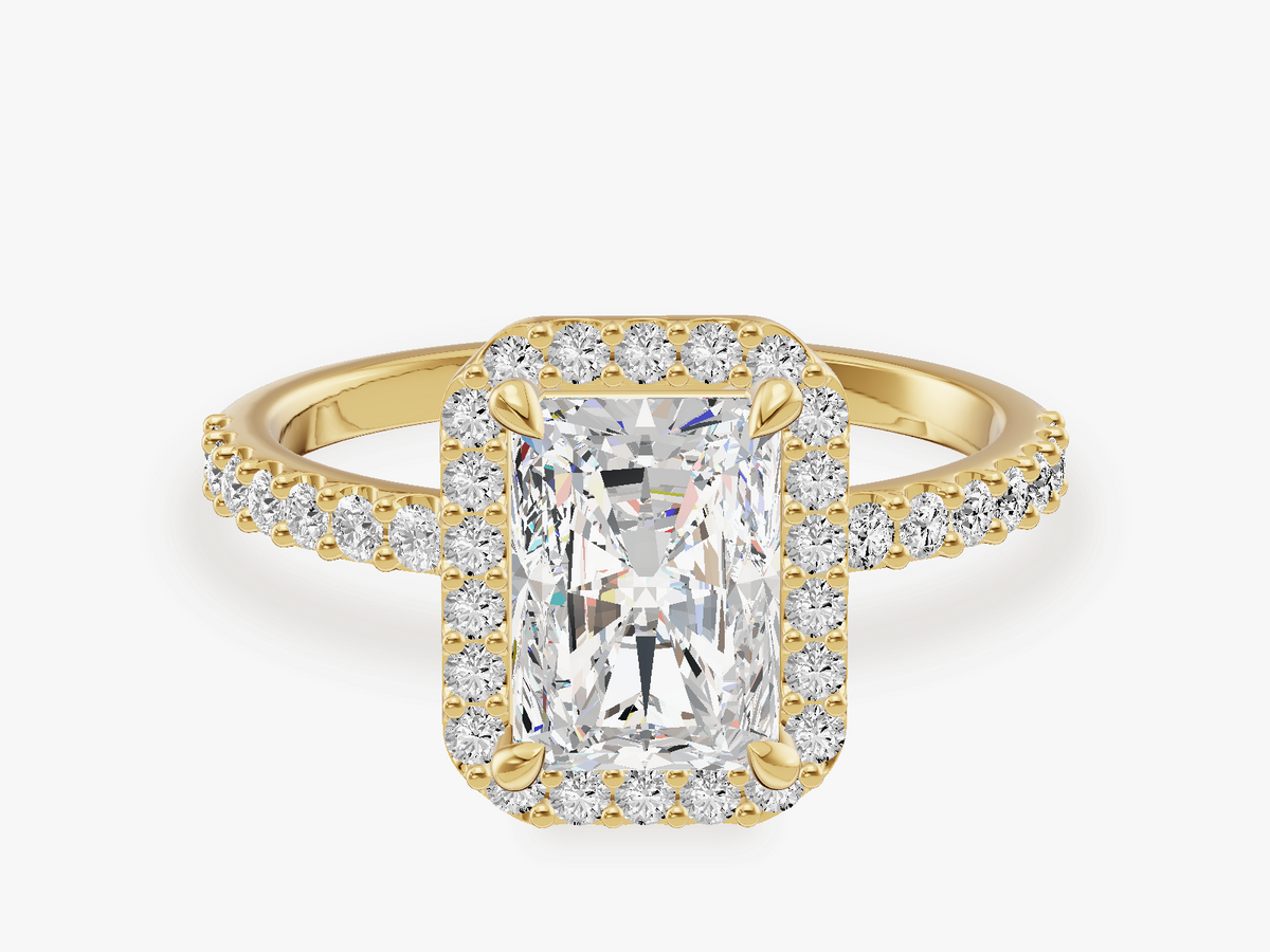 Halo Engagement Ring with Shared Prong Sidestones