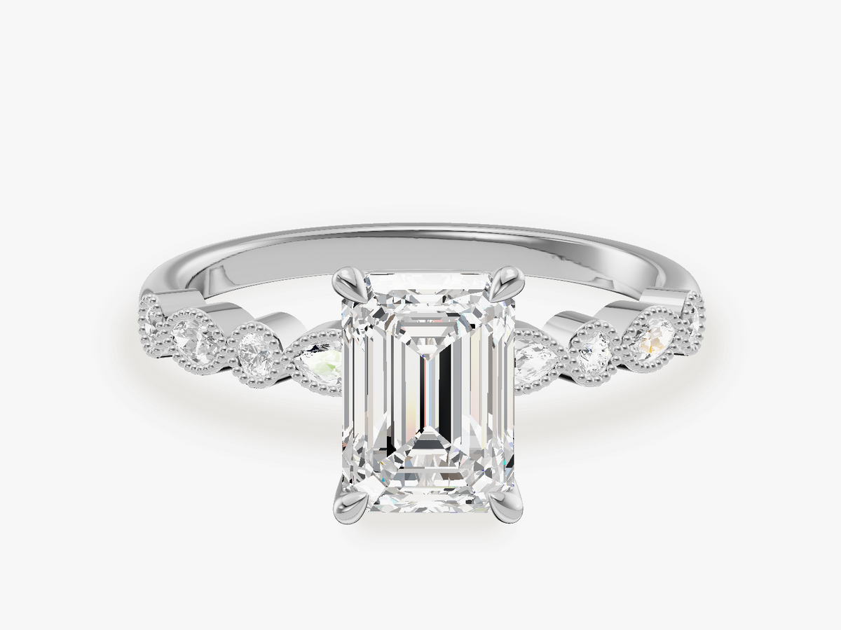 Milgrain Accented Engagement Ring with Marquise Sidestones