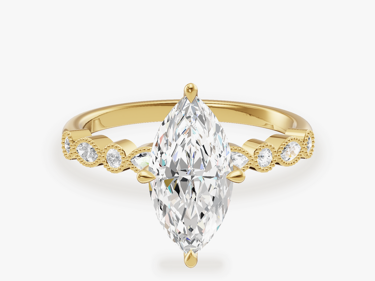 Milgrain Accented Engagement Ring with Marquise Sidestones