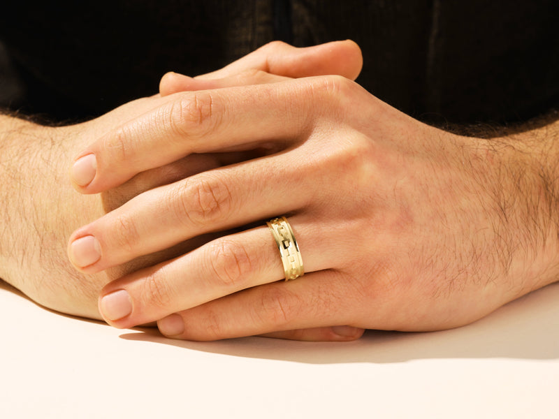 Men's gold ring with geometric pattern, jewelry for him