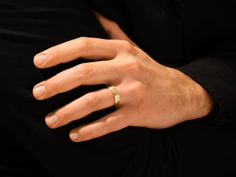 Men's gold wedding band on hand, fine jewelry for him