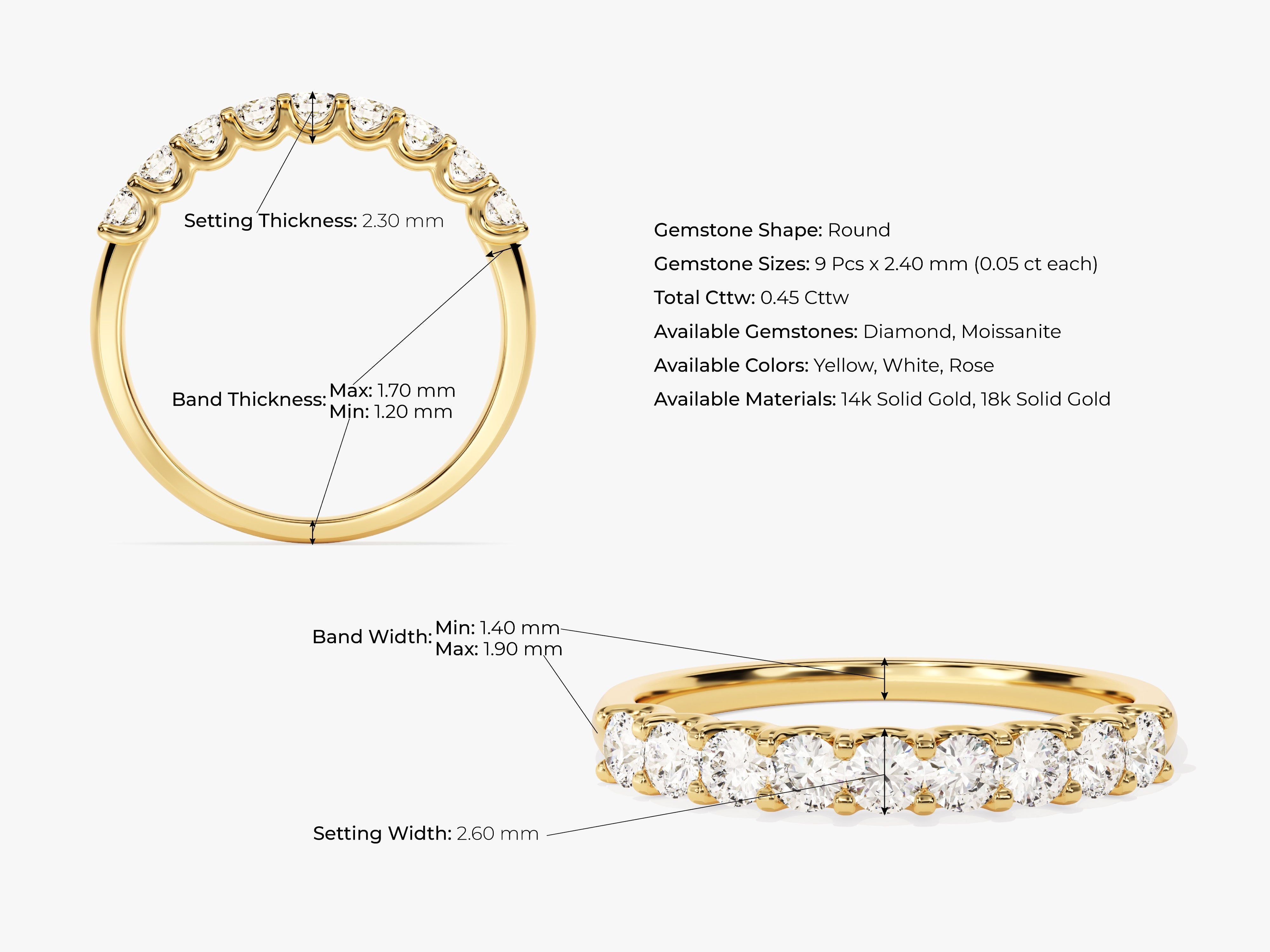 Diamond eternity band, 14k gold, round gemstones, jewelry detail