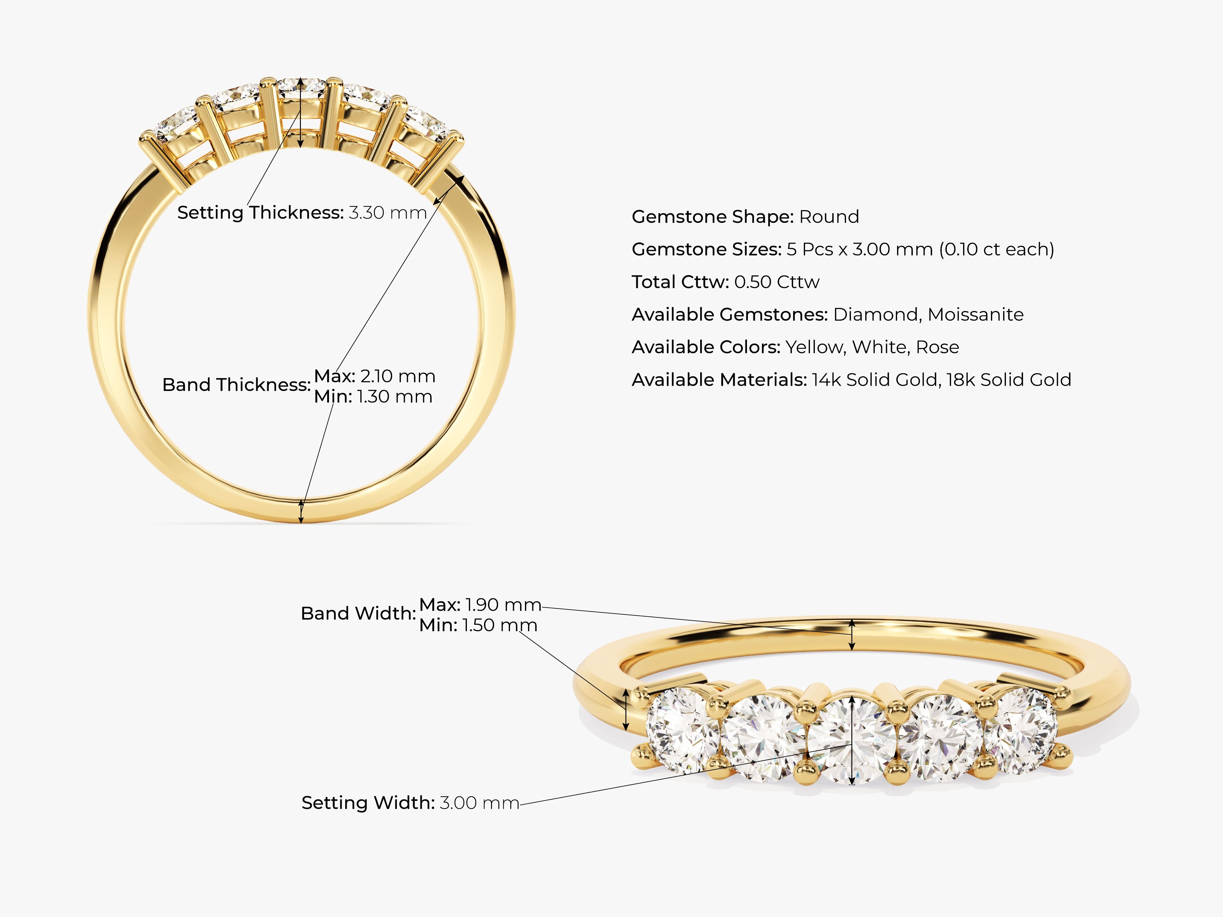 Five-stone diamond band ring in 14k solid gold