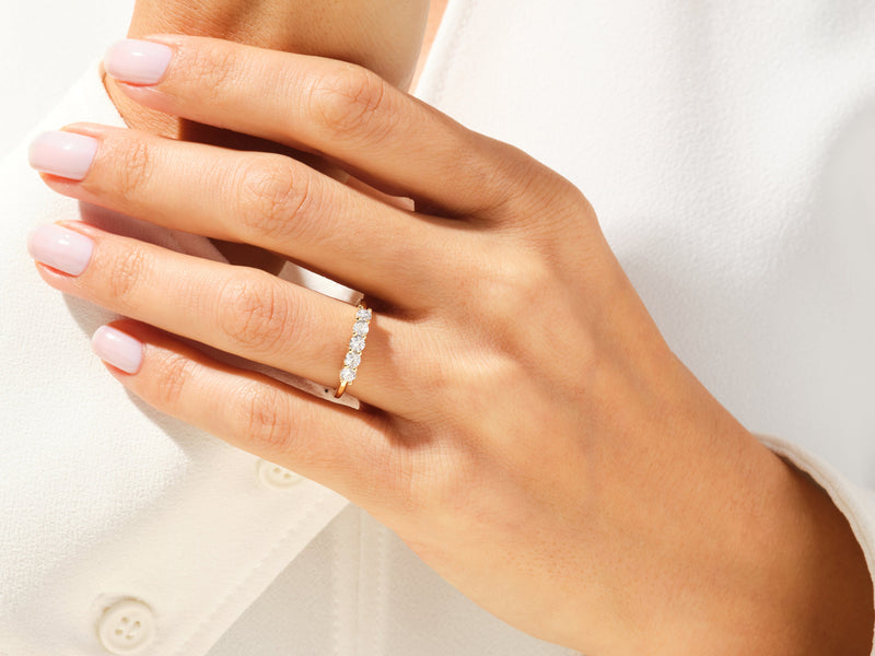 Diamond band ring on a woman's hand, jewelry product
